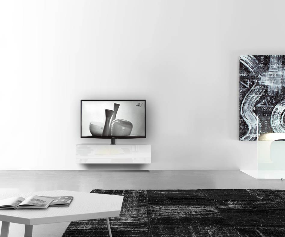 Design Lowboard Konfigurator mit TV Halterung Wand Breite 120 32 54,6 mitte glanz weiss