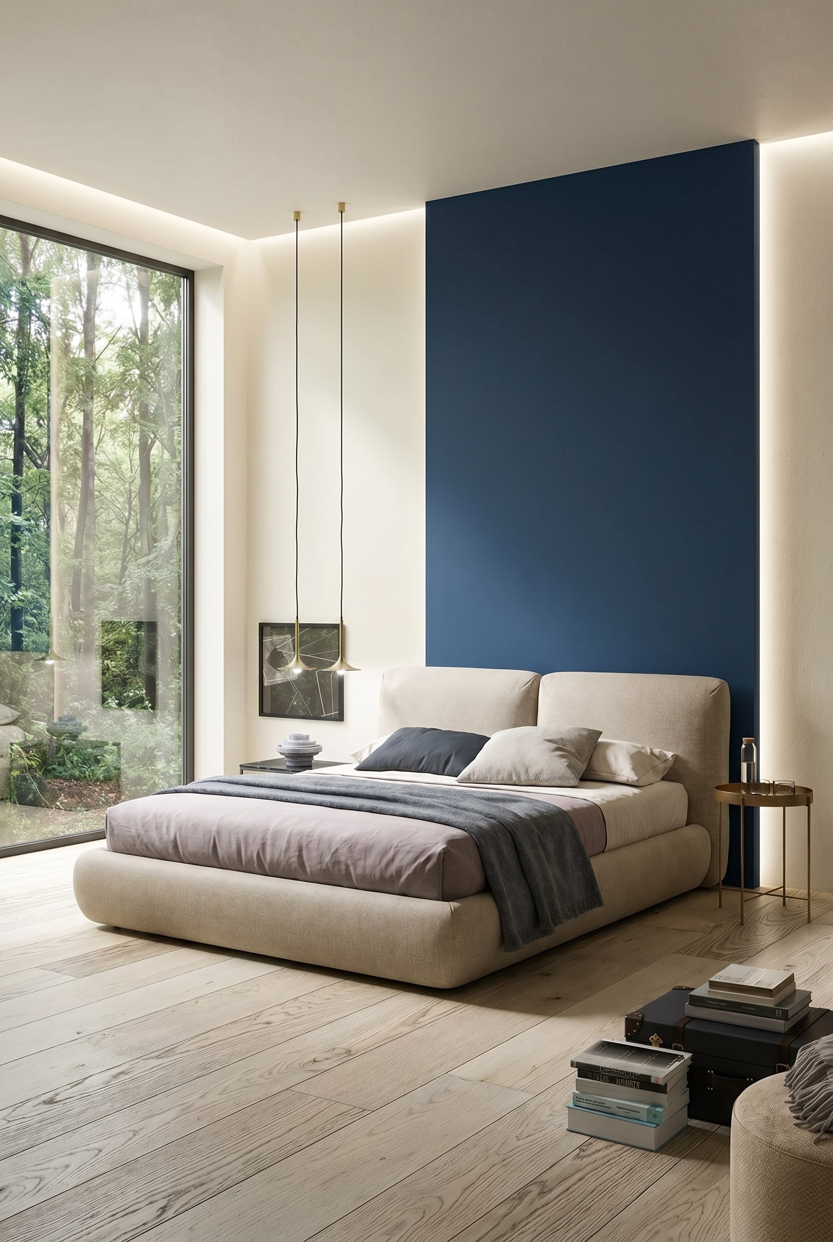 Letto imbottito beige centrato davanti a un blocco di colore verticale blu scuro con finestre a tutta altezza