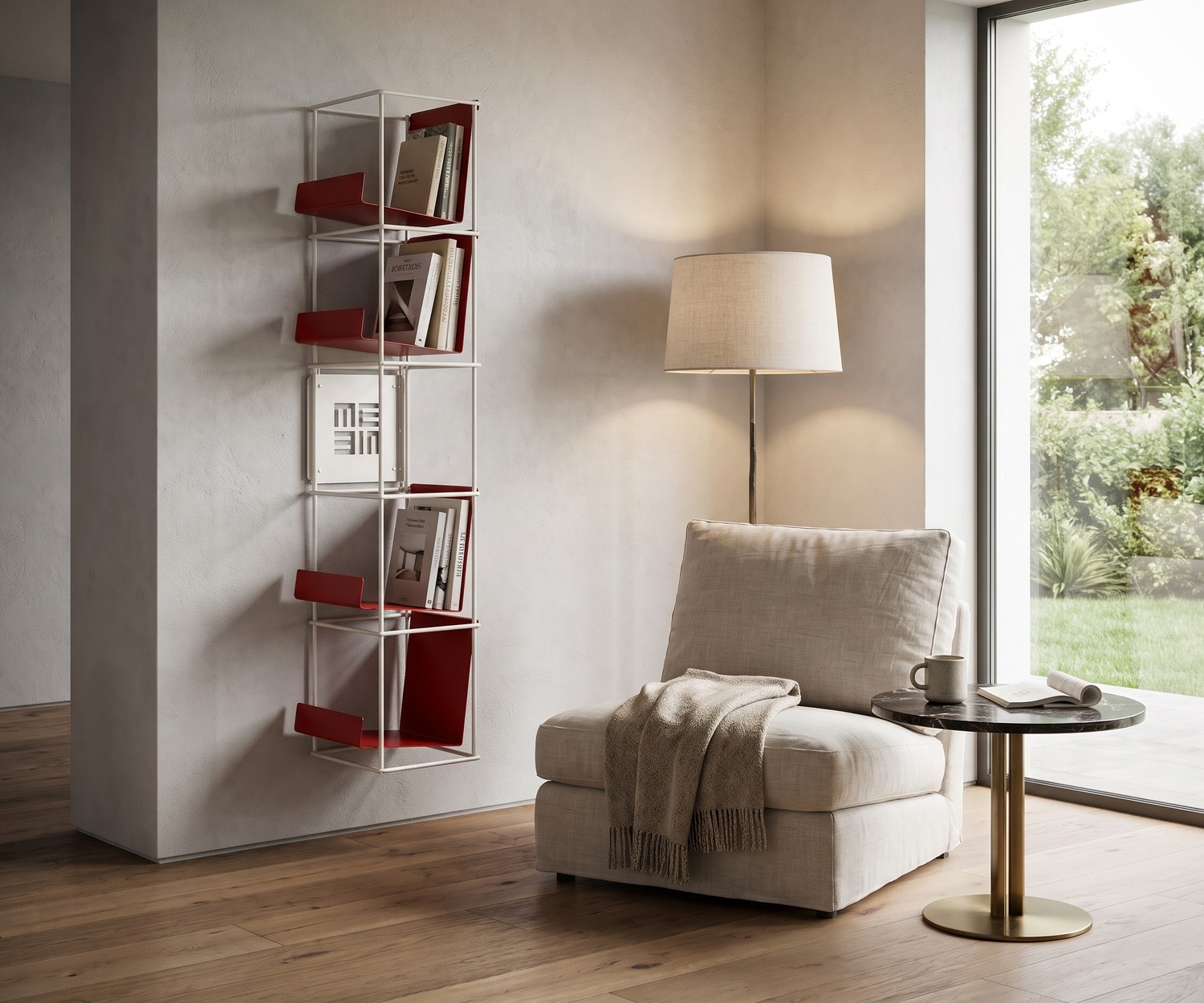 MEME Design Libro vertical wall bookshelf in metal mounted in a modern living room next to an armchair.