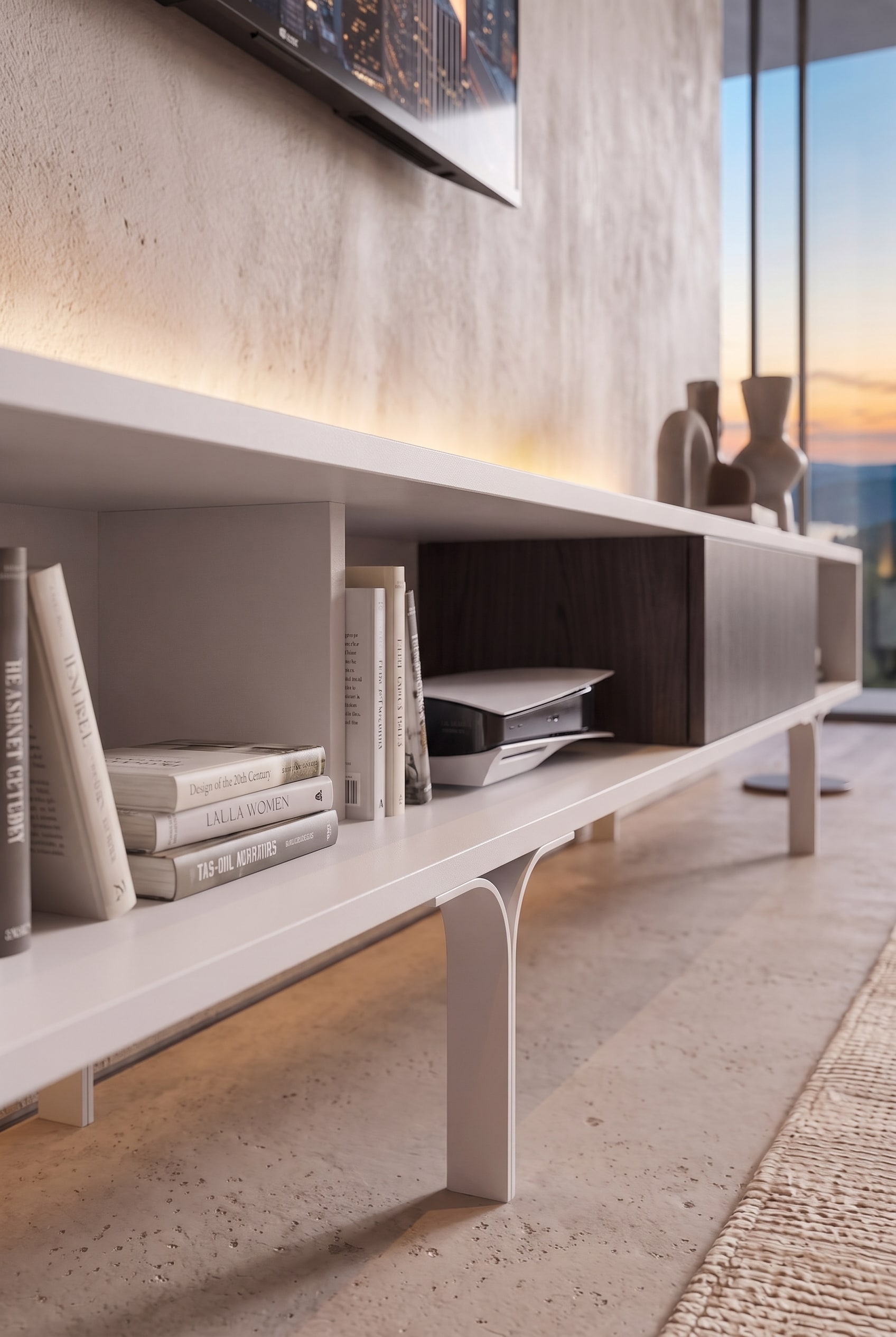 Primo piano di un lowboard bianco con piedi sottili, libri e porta scorrevole scura davanti a una grande finestra.