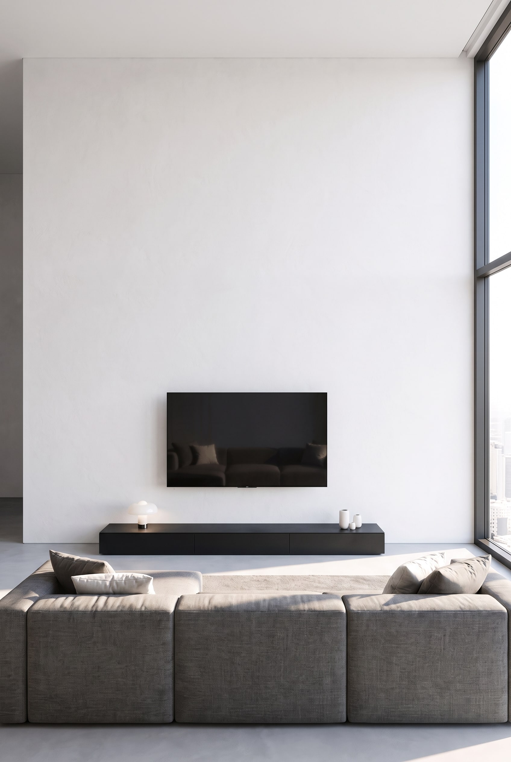A 5.50 meter long, pure white plastered wall in a large living room, with a 65-inch television hanging above a too-short standard sideboard.