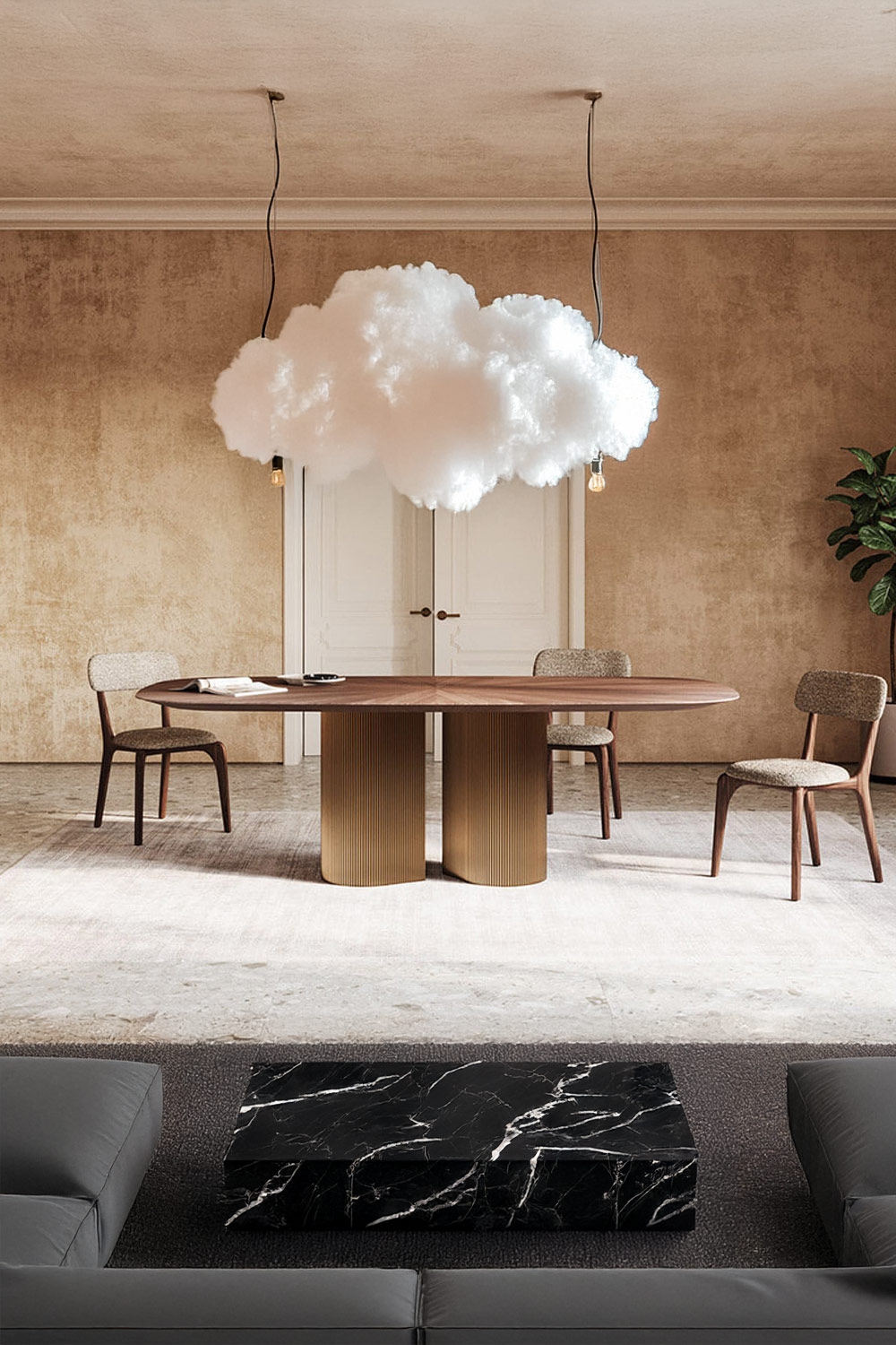 wohnzimmer-mit-zentral-positioniertem-esstisch-in-ungewoehnlichem-design-und-klassischen-holzstuehlen