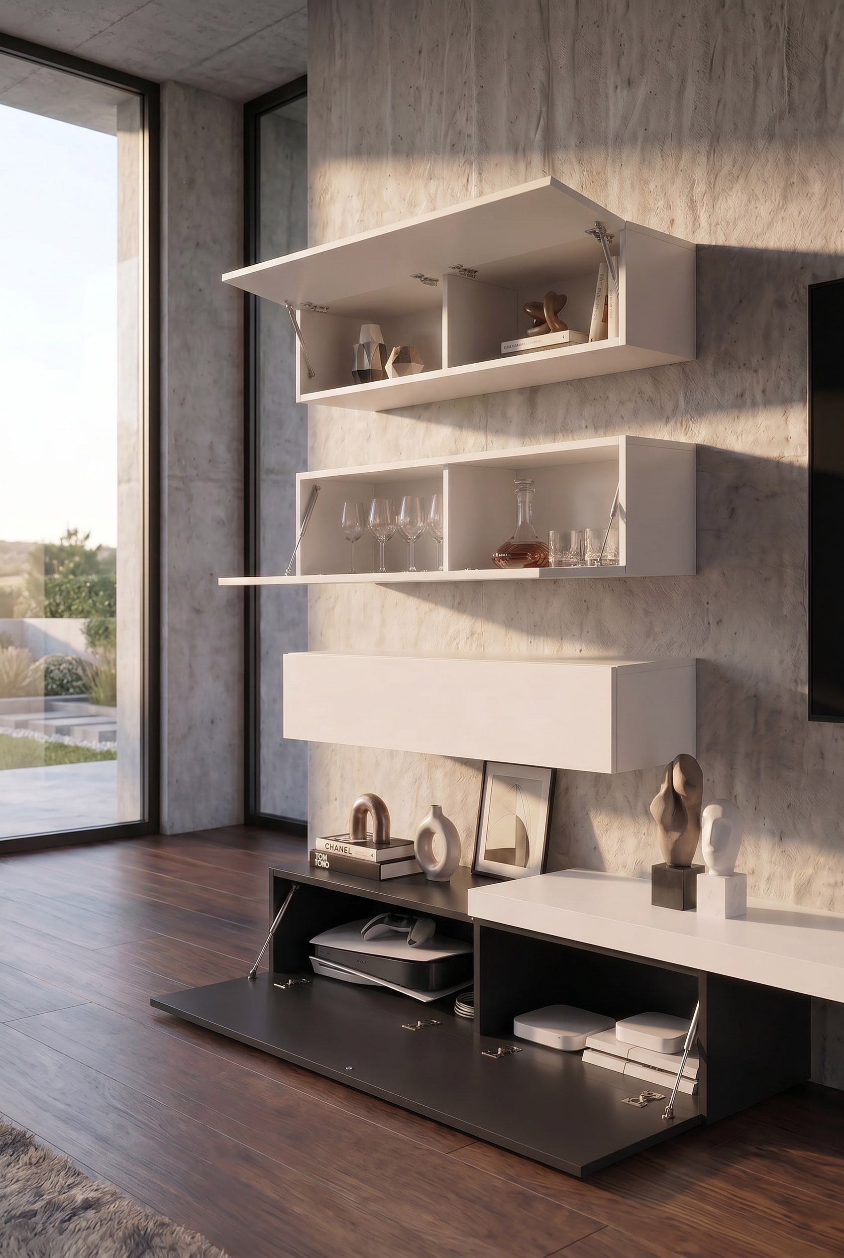 Geopende klapdeuren en vasistas-deur van het design wandmeubel