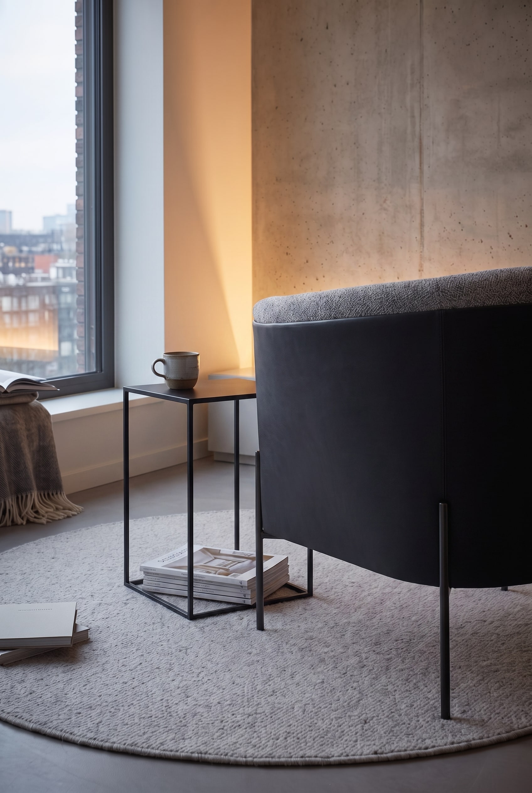 Sierlijke metalen bijzettafel met koffiekopje naast een aangesneden stoffen fauteuil, gearrangeerd op de rand van een zacht rond tapijt.