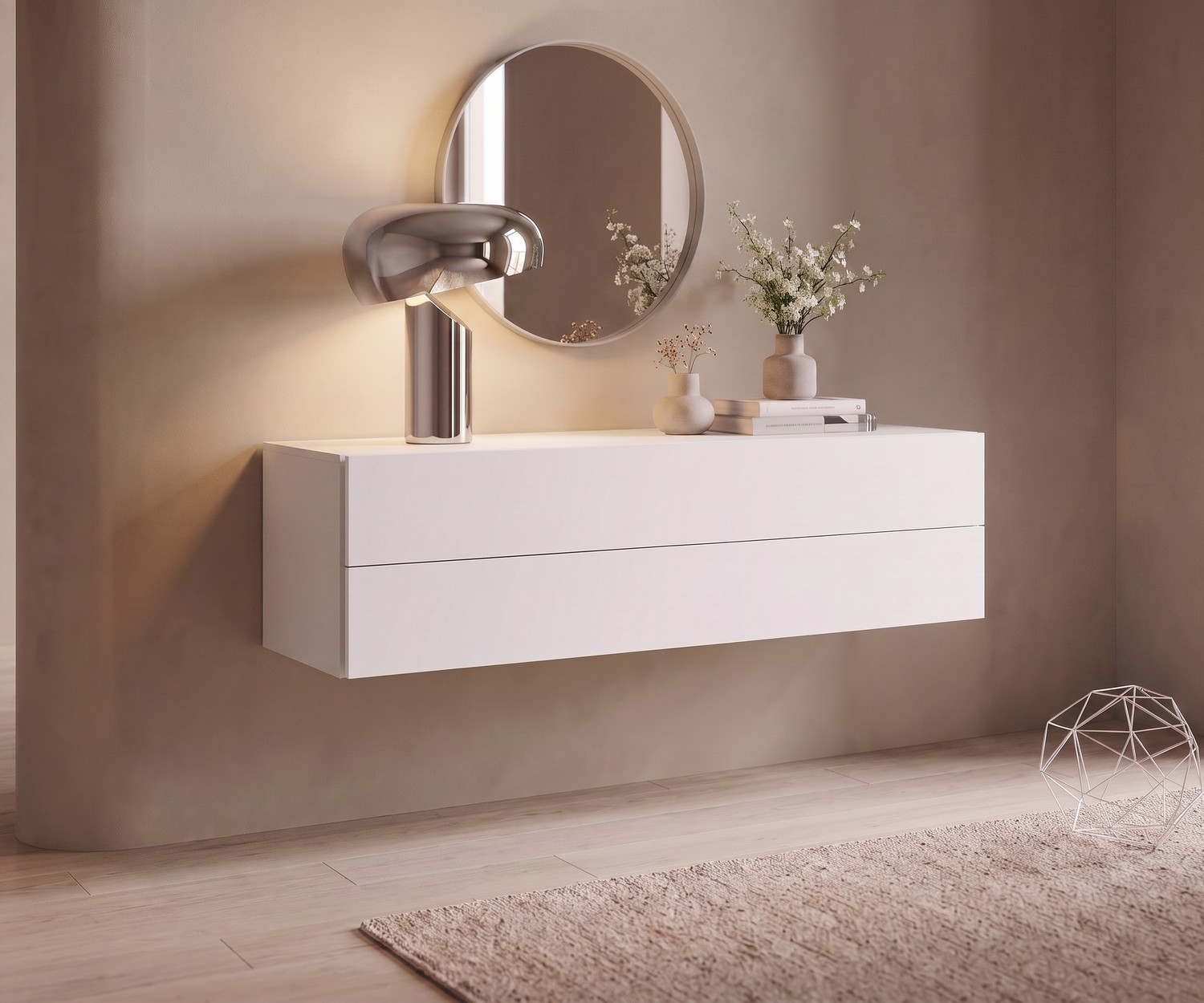 Floating chest of drawers Easy by Novamobili, modern white wall-mounted sideboard in a minimalist hallway.