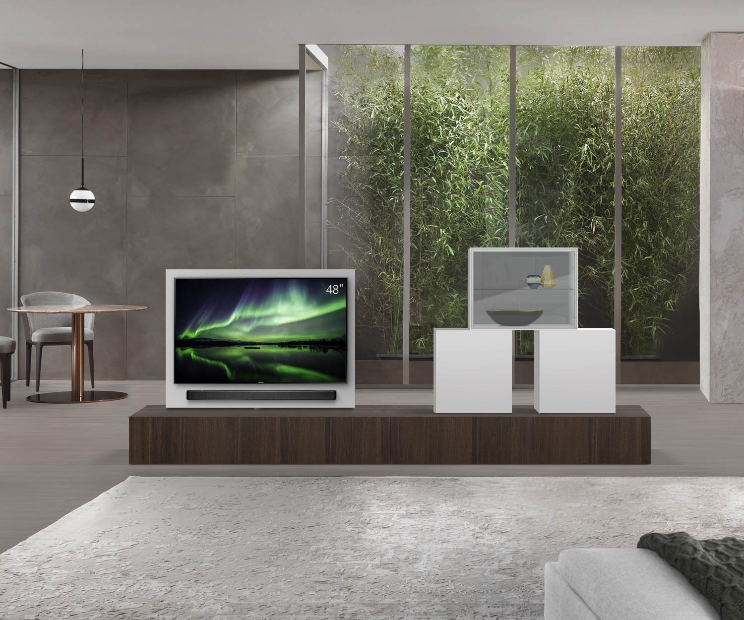 Livitalia Roto design lowboard room divider with swivelling TV panel B150 50 H33 D56 EiBr B150re mBox