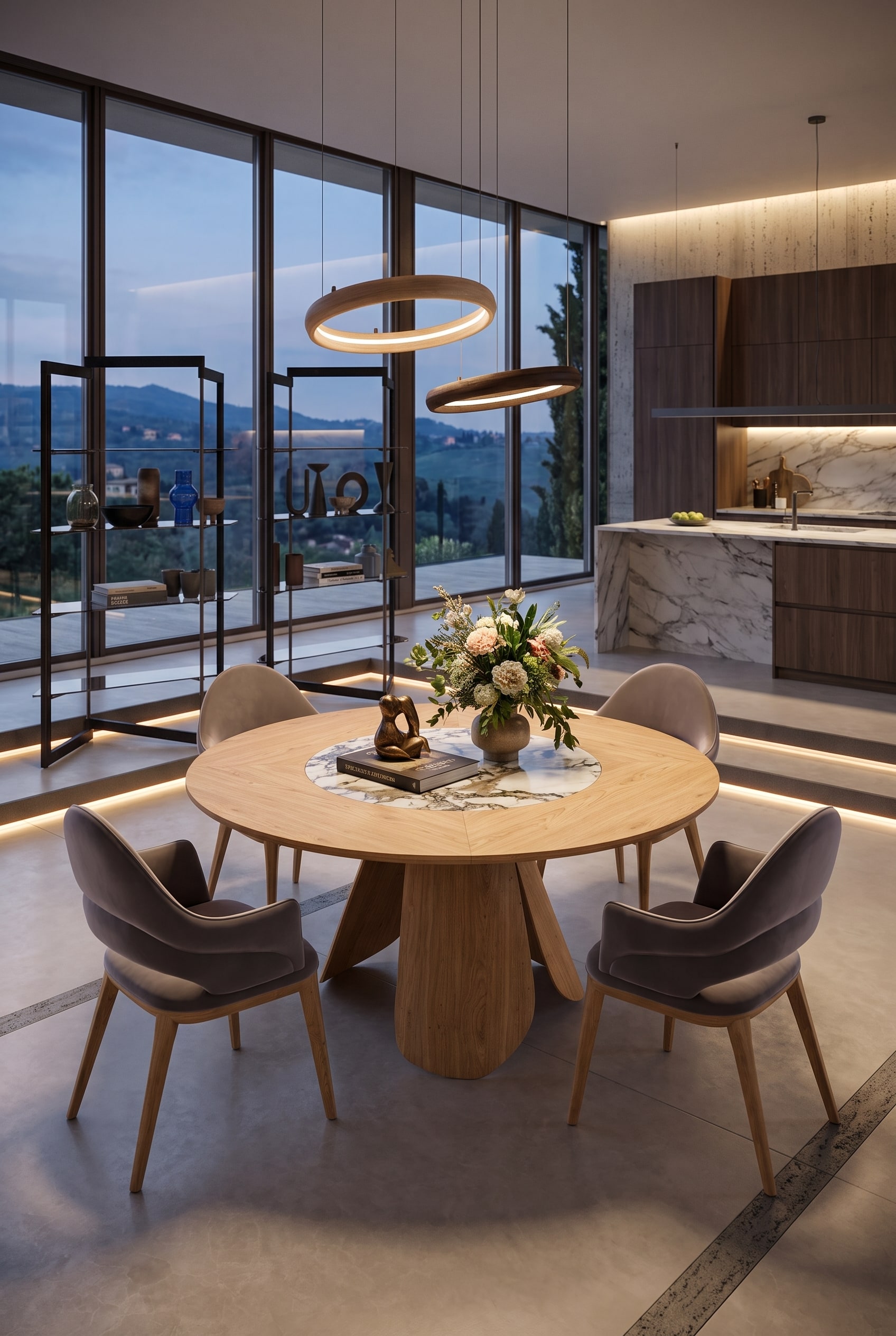 Sala da pranzo moderna con un tavolo rotondo e una base scultorea in legno intrecciato, più quattro eleganti sedie in velluto
