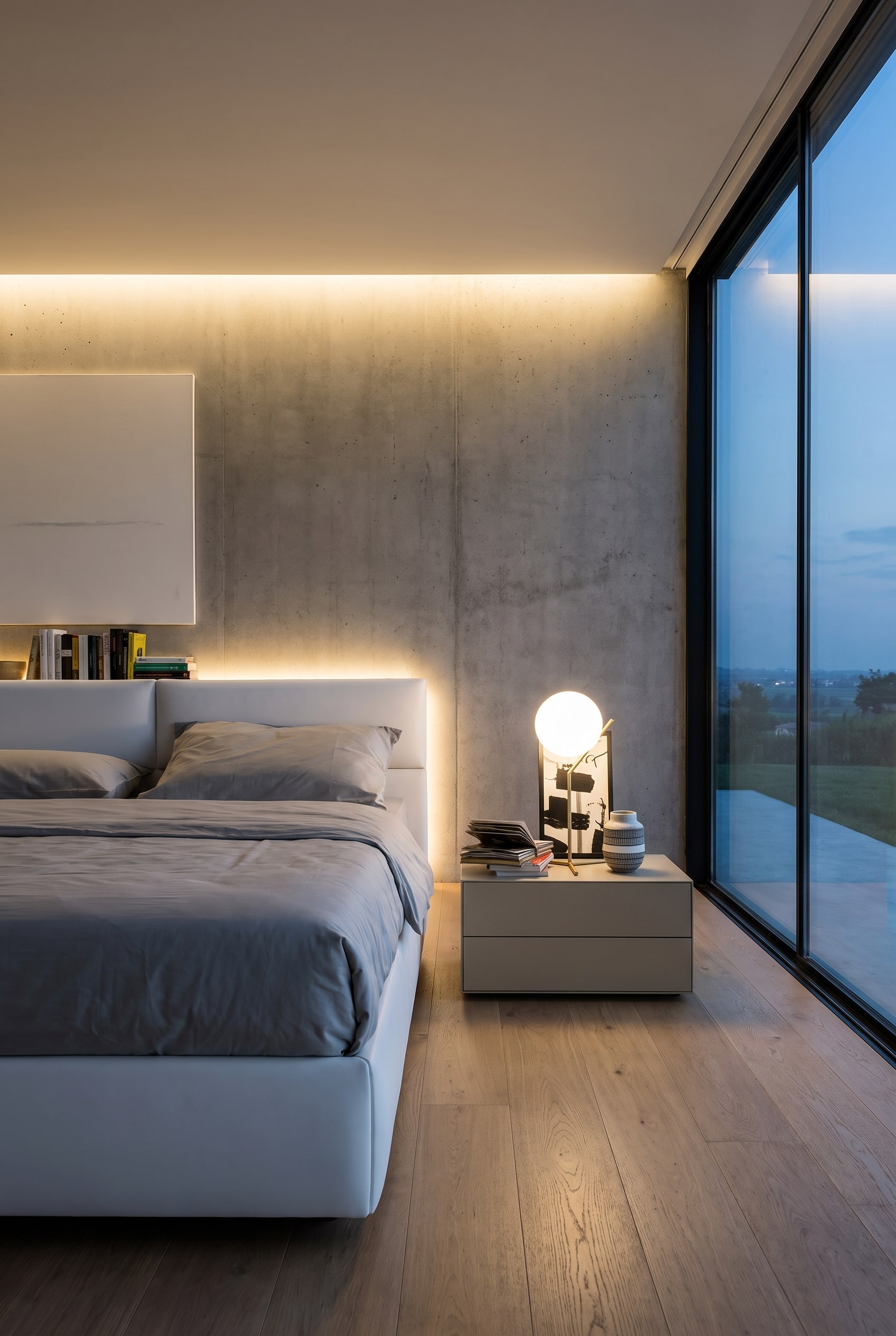 Asymmetrische slaapkamer met een breed Livitalia Ecletto Nachtkastje 2 Laden en indirecte verlichting