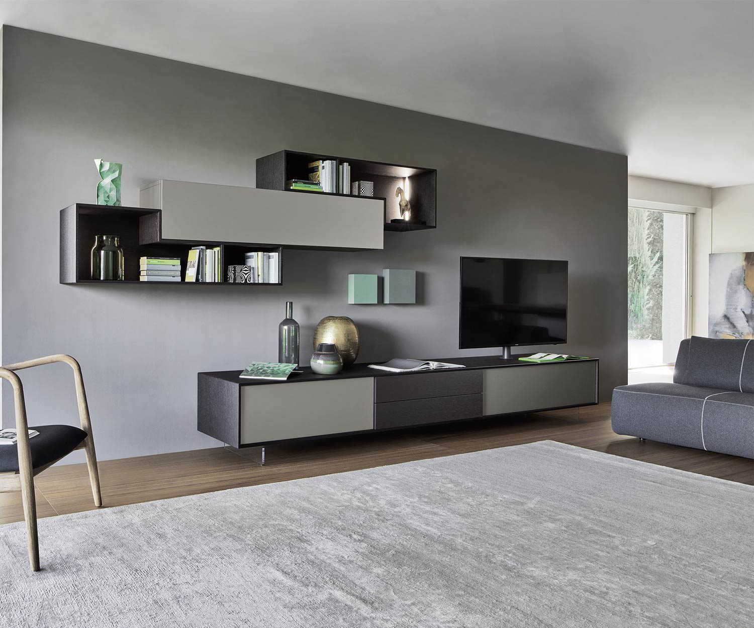 Exclusive Livitalia Design wall unit C18 in grey with wood-effect TV design lowboard