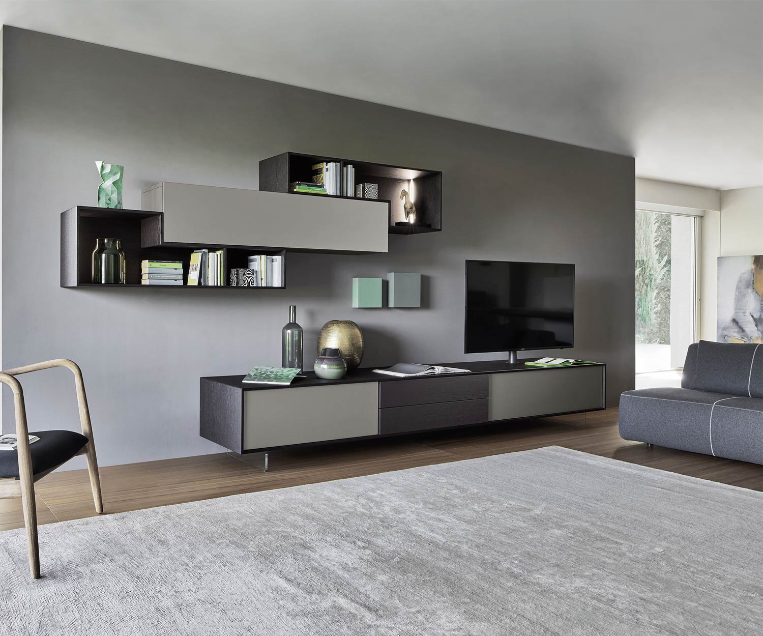 Exklusive Livitalia Design Wohnwand C18 in Grau mit Holzoptik TV Design Lowboard Exklusive Livitalia Design Wohnwand C18 in Grau mit Holzoptik TV Design Lowboard