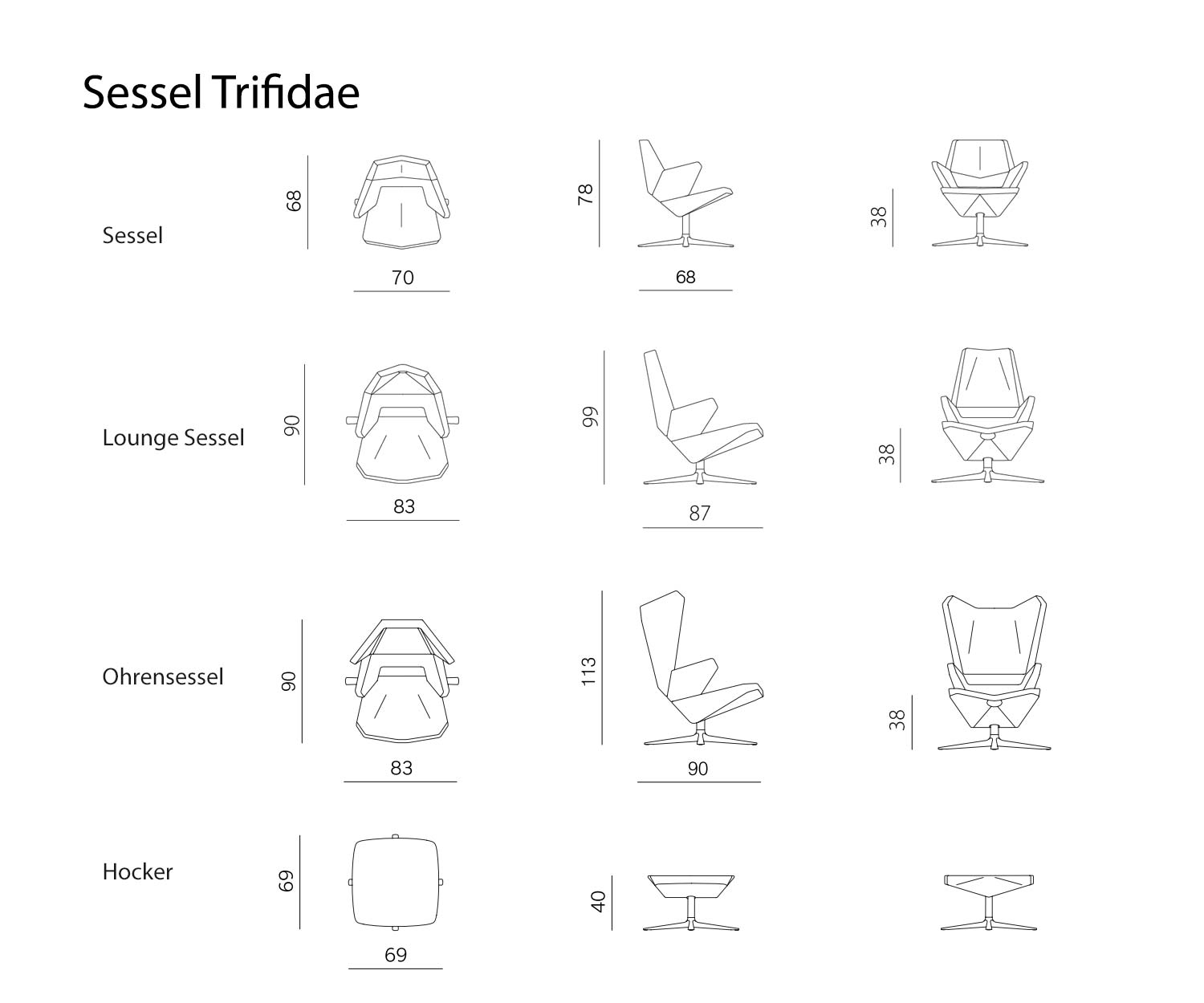Prostoria Sessel Trifidae Kollektion Maße Größen Skizze Größenangaben