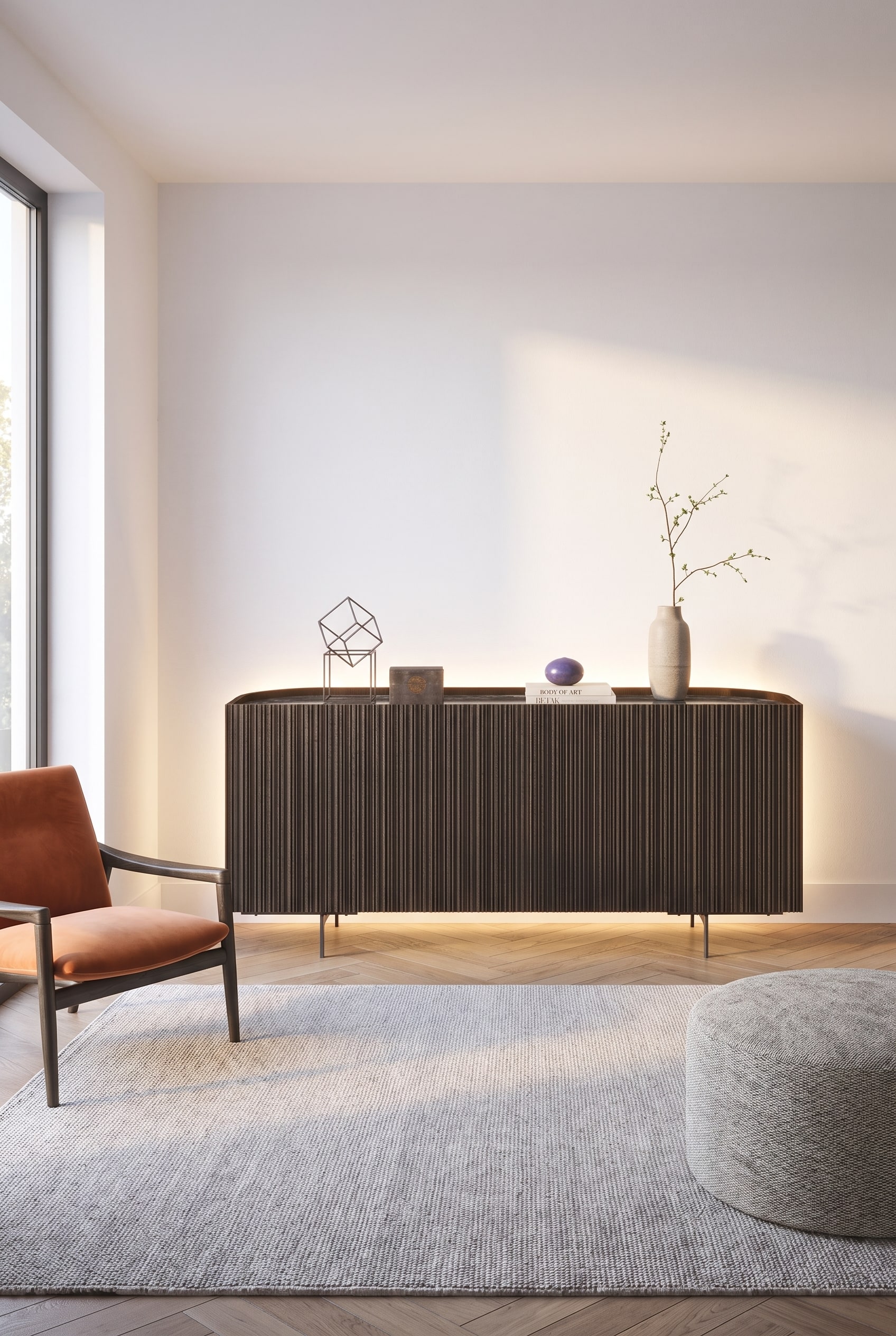 Moderne woonkamer met donkerbruin Novamobili Bay Sideboard met geribbelde voorkant en zachte rondingen