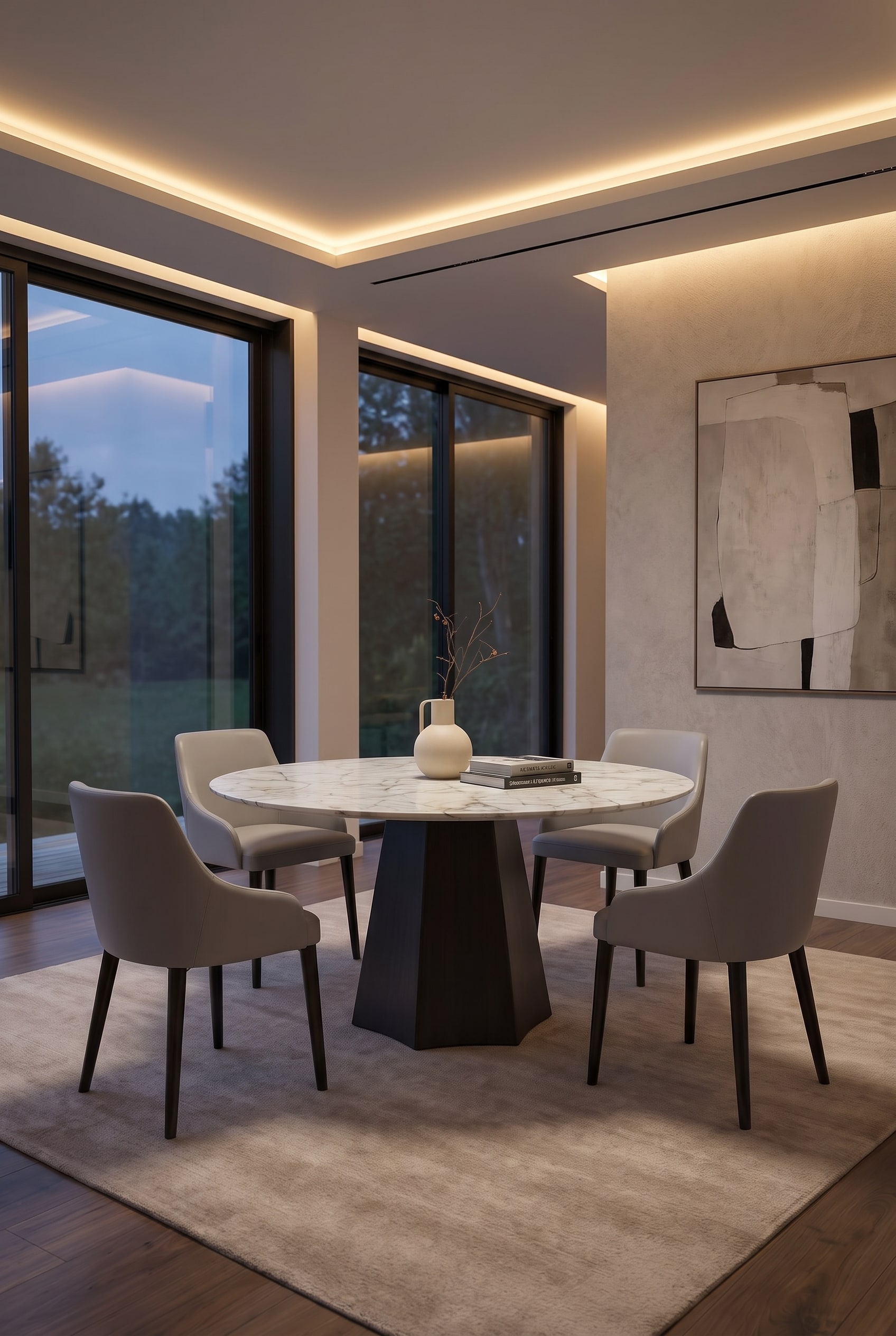 Moderne eetkamer met sculpturale keramische eettafel en met leer beklede armstoelen op een licht tapijt