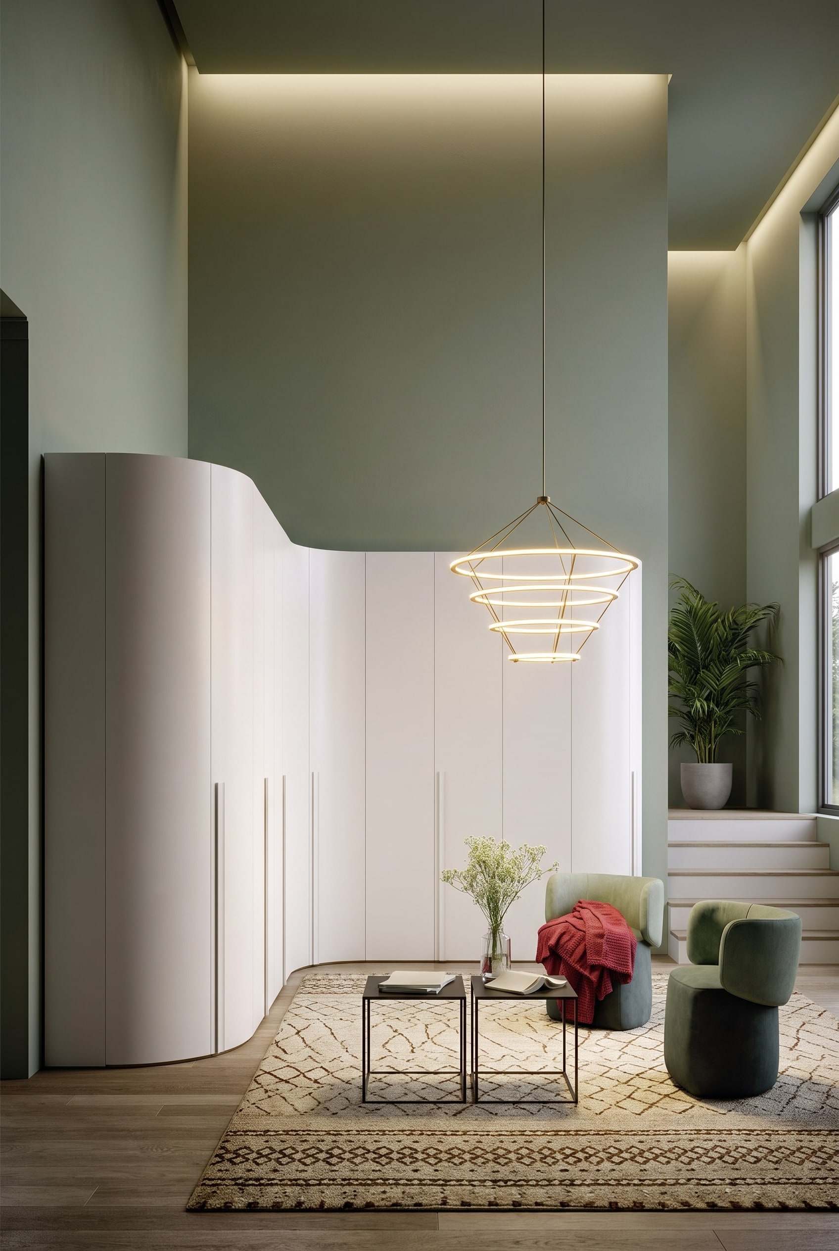 Gently curved white corner cabinet in a high room, creating a flowing and organic spatial effect