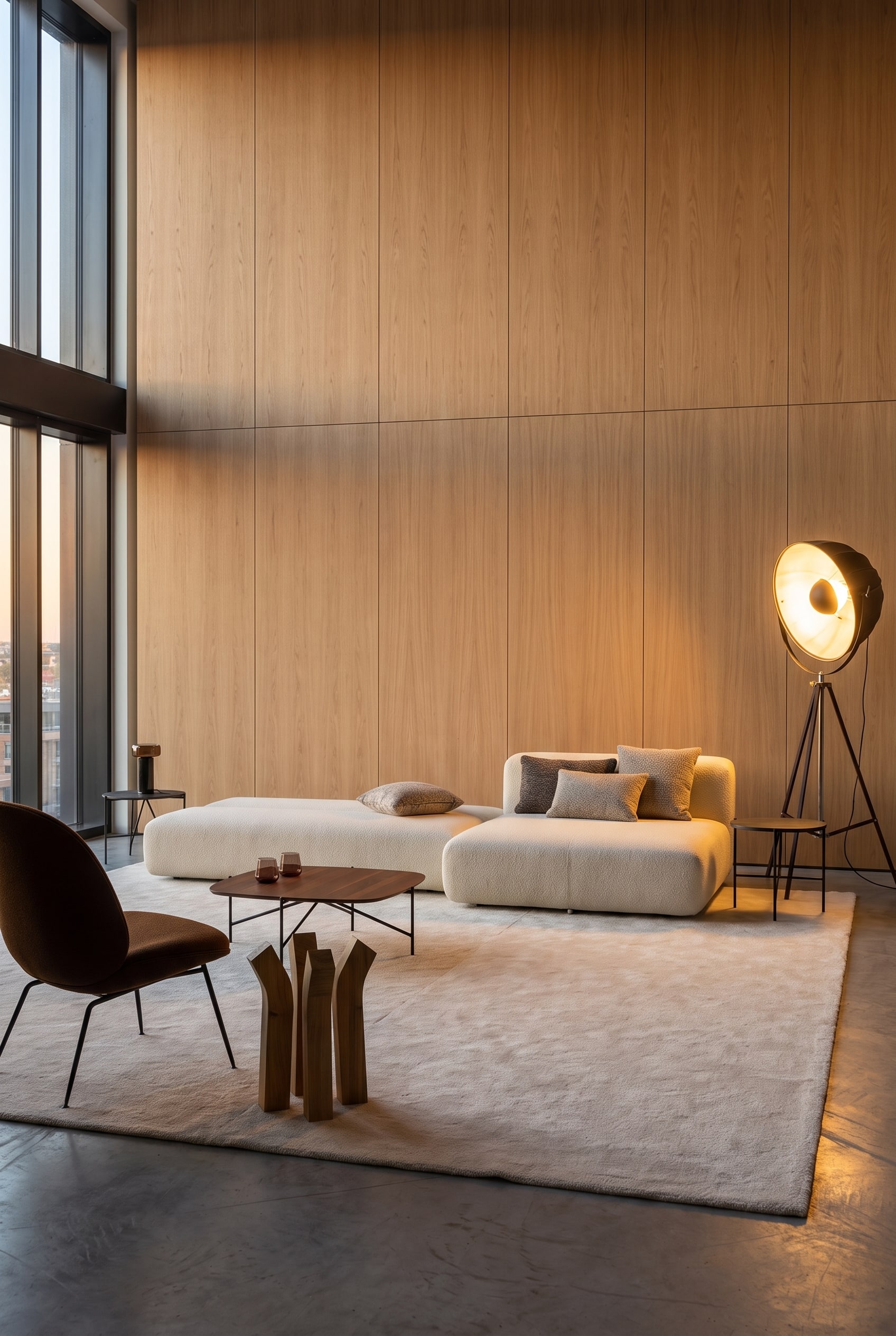 Gezellige modulaire bank in lichte stof met liefdevol gerangschikte kussens, houten tafel en warme verlichting in industriële loftstijl