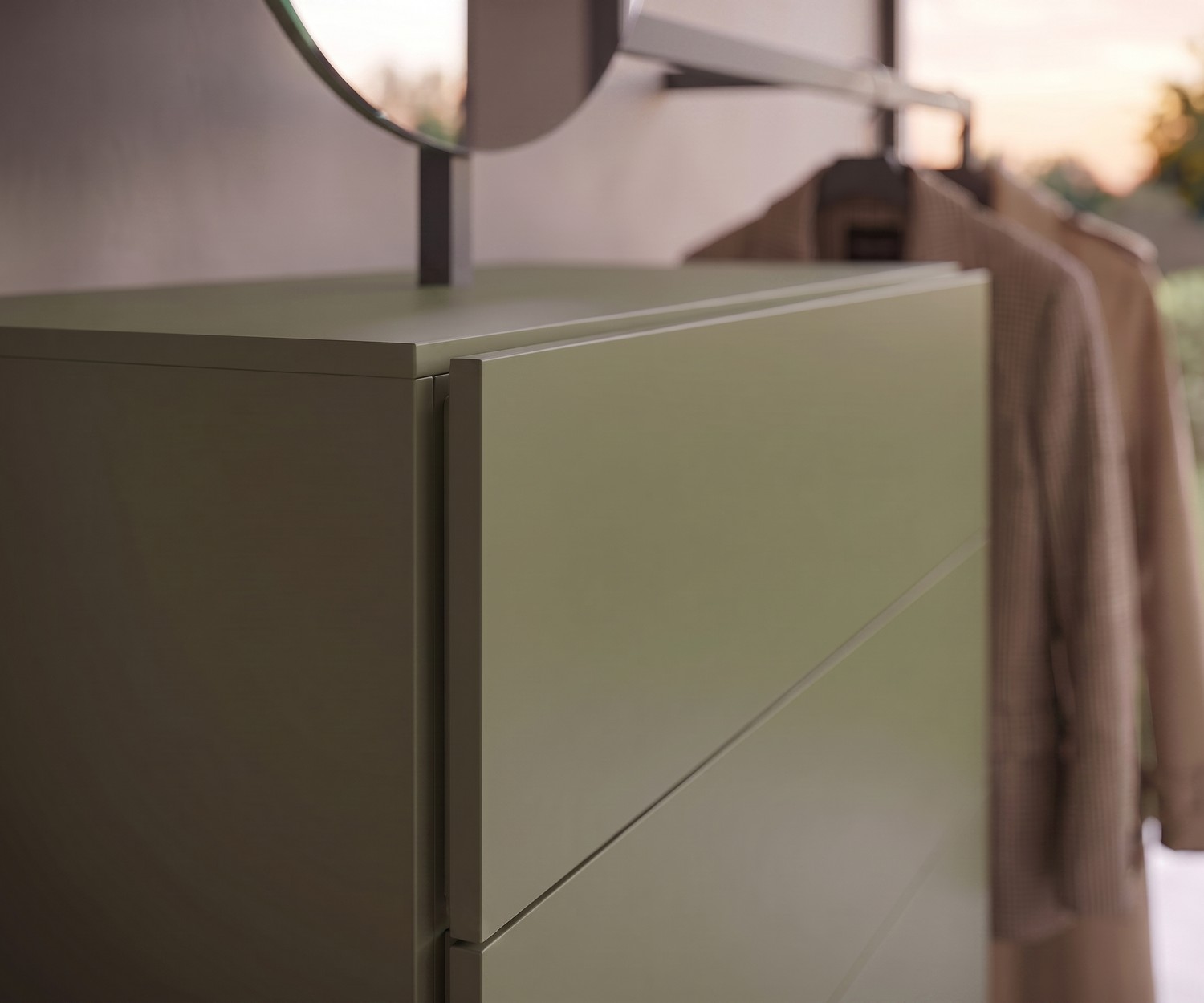 Novamobili Easy 9 chest of drawers for hallways, modern olive green cabinet with wardrobe rail and storage drawers.