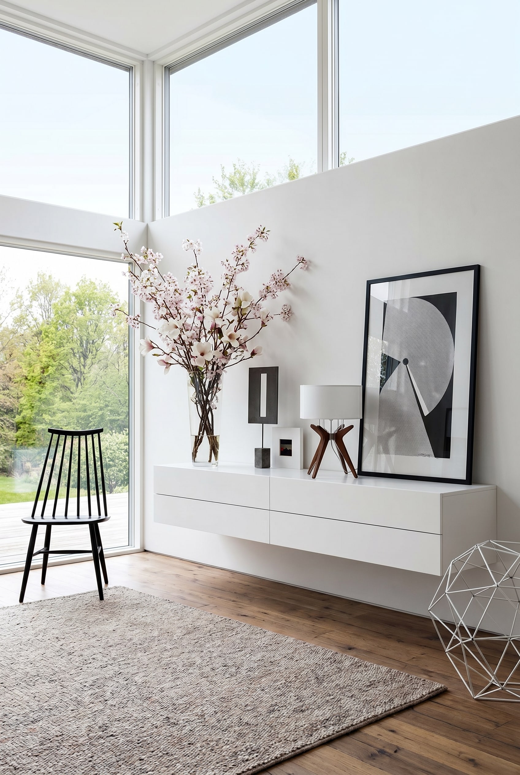 Ein modernes, wandh&auml;ngendes Sideboard in einem hellen Raum, darauf eine filigrane Vase mit Fr&uuml;hlingsbl&uuml;ten