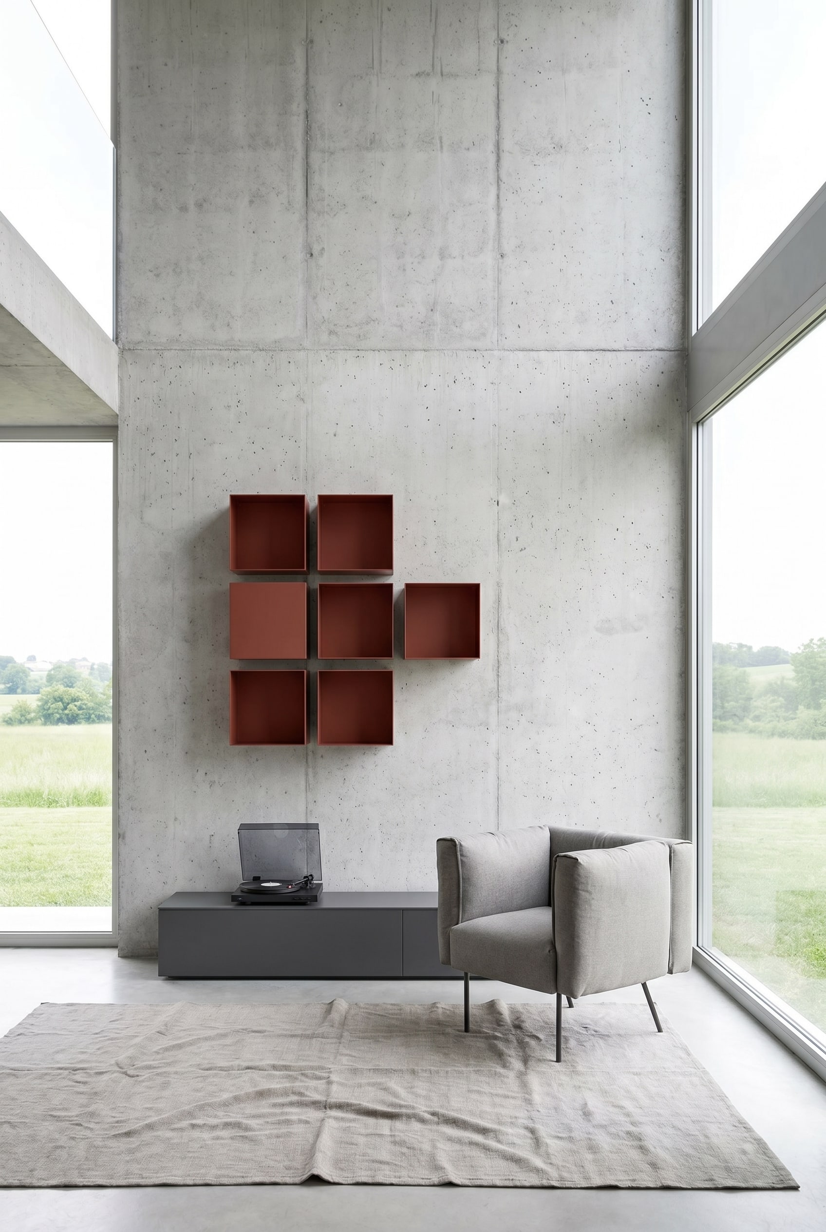 Modern wooninterieur met een asymmetrische groepering van vijf vierkante Novamobili Metall Wandboxen Hub in mat oxidrood op een betonnen muur
