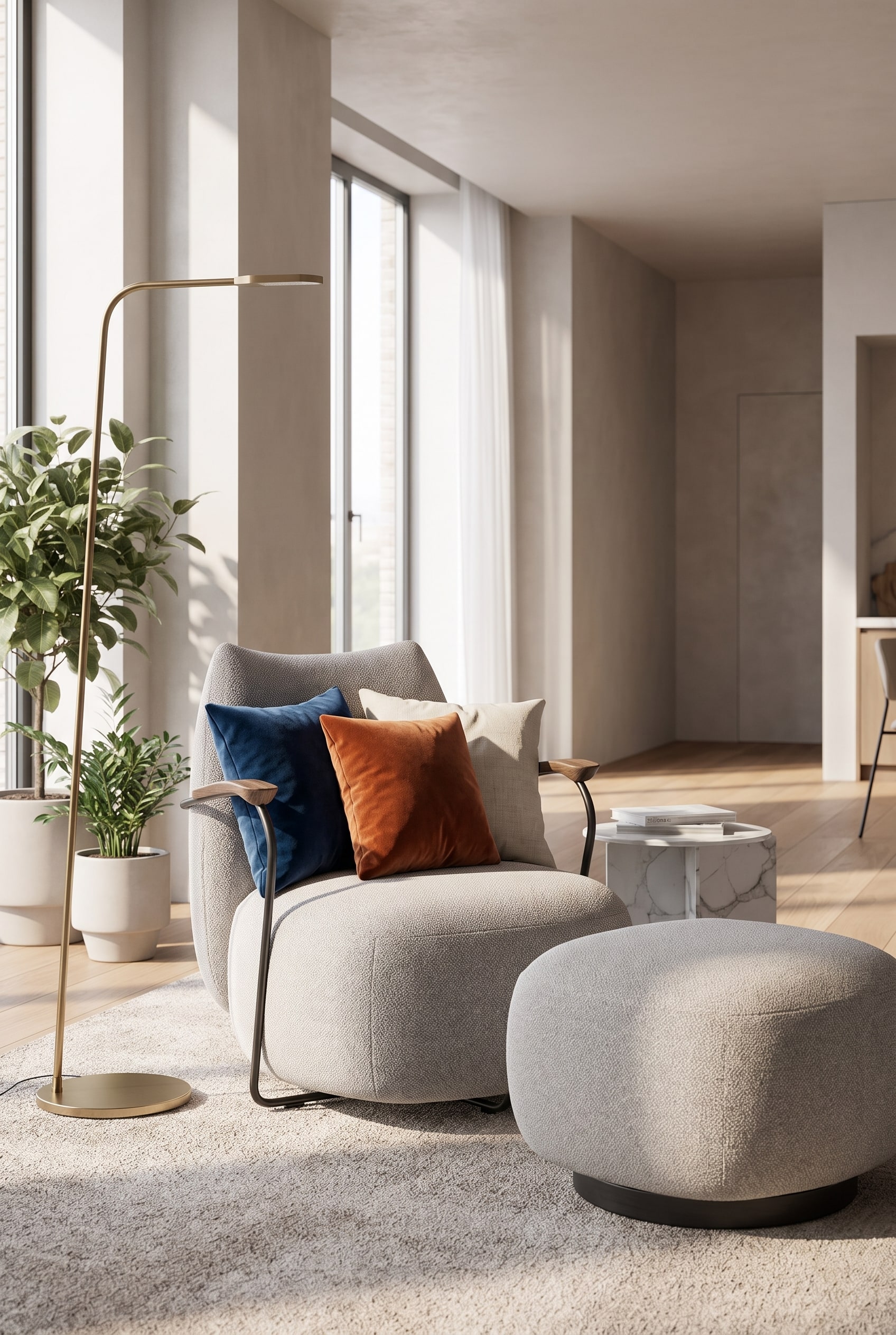Een moderne woonruimte met de Prostoria Fauteuil Buffa, gedecoreerd met seizoensgebonden kussens van linnen en fluweel.