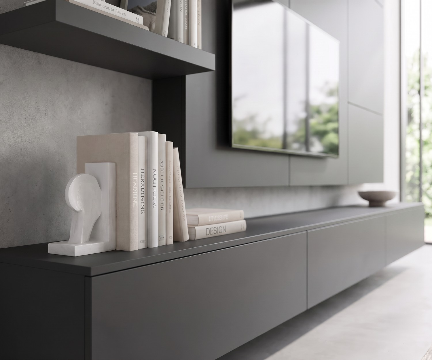 Livitalia C102 floating TV wall unit in dark grey. Modern living room media console with wall panel and shelves.