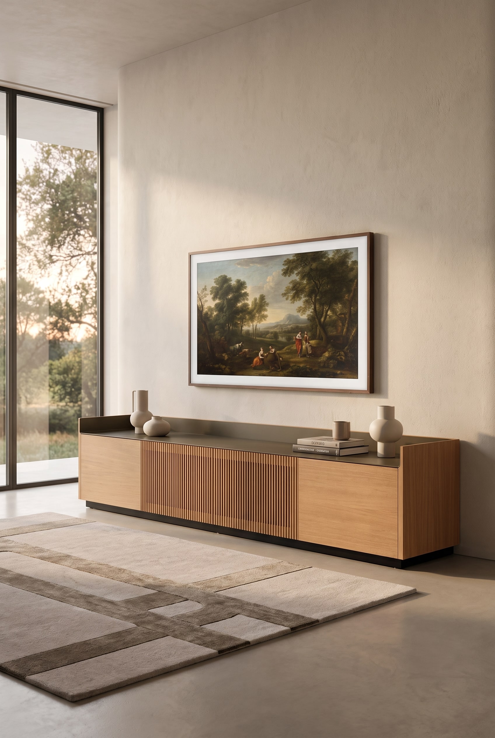 Ein breites TV-Lowboard aus dunklem Holz in einem modernen Wohnzimmer, dar&uuml;ber ist ein Fernseher im Kunstmodus platziert, um eine harmonische Proportion zu zeigen.