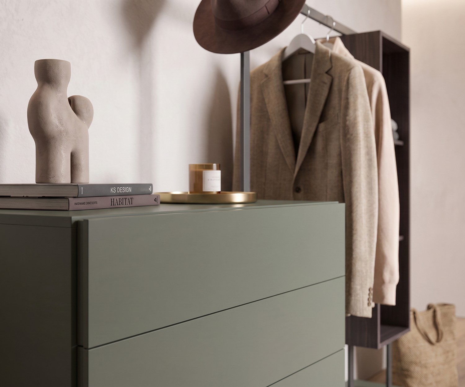 Novamobili Kommode Easy 4 mit Garderobe im Flur, grüne Design-Kommode mit Kleiderstange für Jacken im modernen Stil.