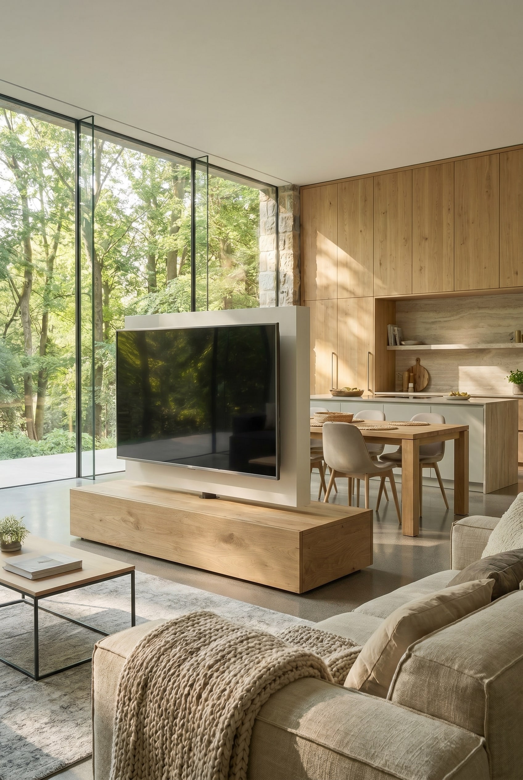 Modern interior design concept for an open-plan kitchen-diner with a half-height dividing element as an invisible room boundary