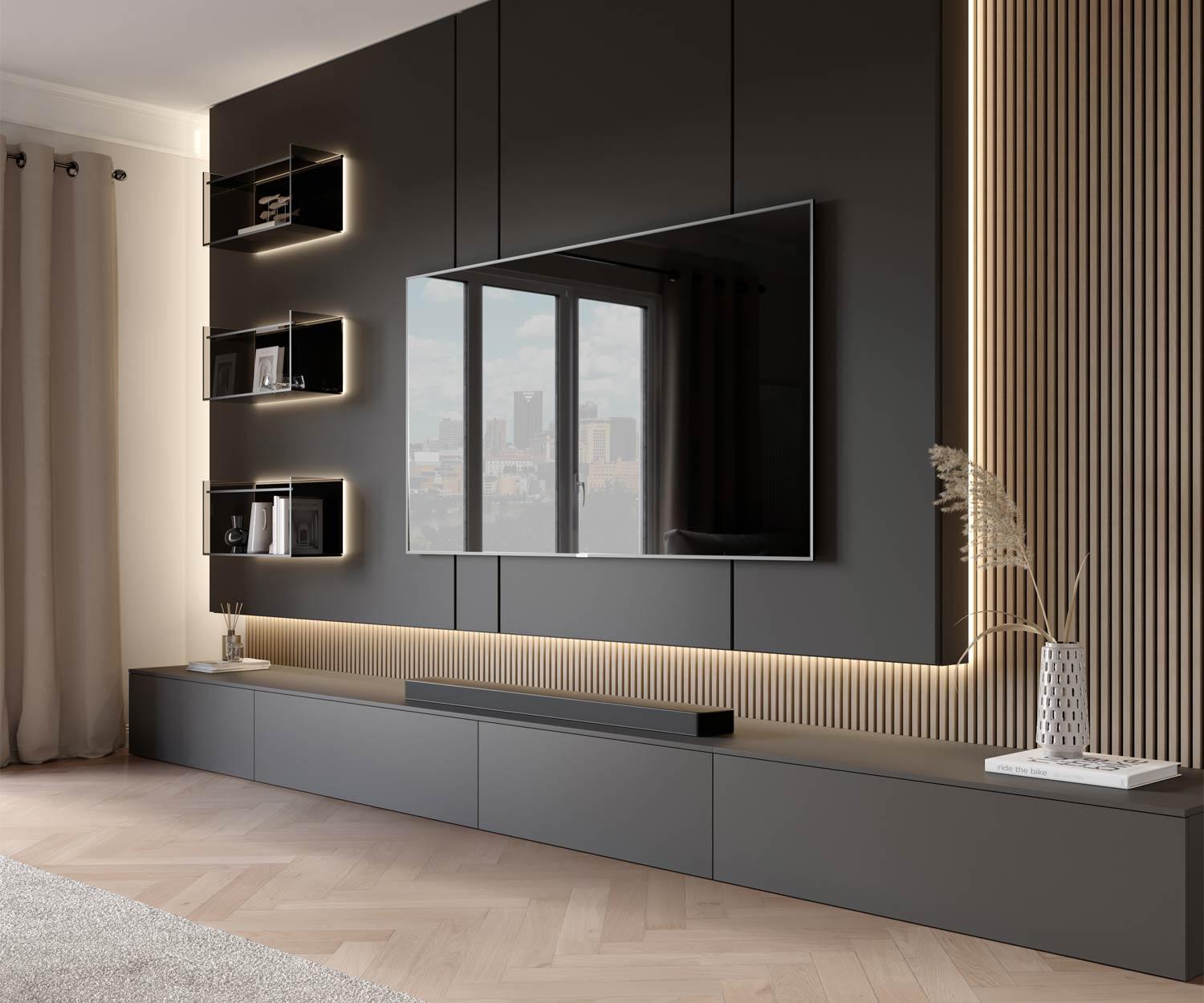 Design Luxus Wohnwand C100 mit TV Paneel und Glasregal beleuchtet