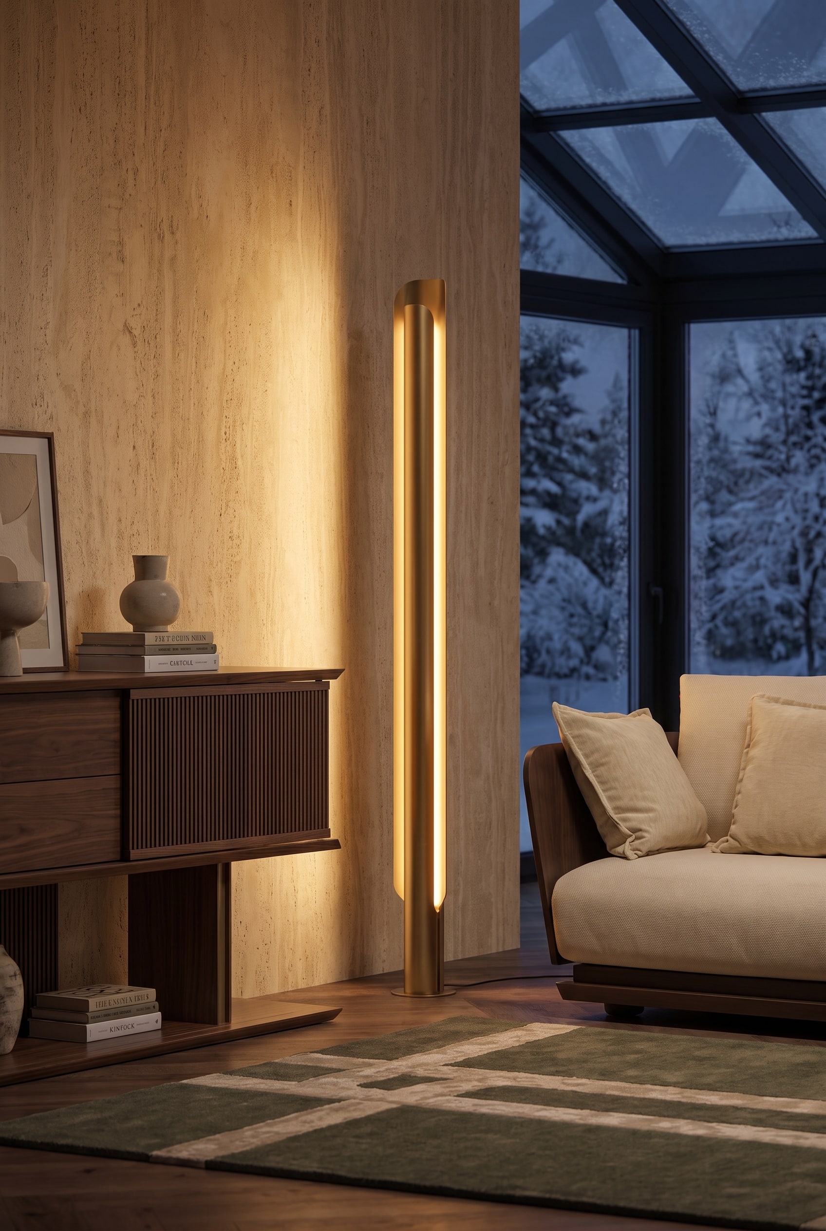 Elegante tafellamp van metaal op een donker houten dressoir in de serre, die warm, indirect licht op de muur werpt. Op de achtergrond wazige, winterse glaspartijen.