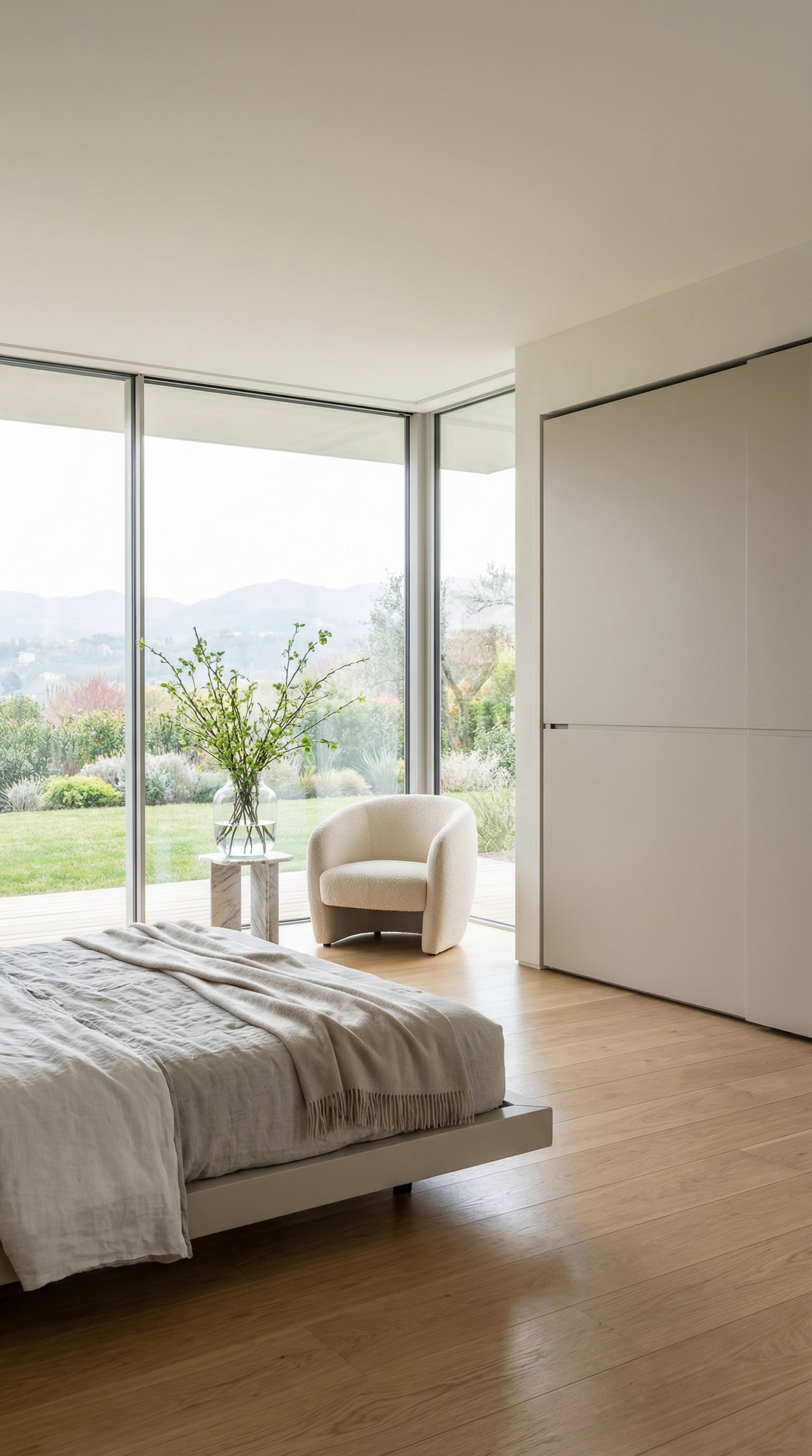 Minimalist bedroom with the Novamobili Middle Sliding Door Wardrobe, which creates a calm atmosphere in the room with its smooth front.