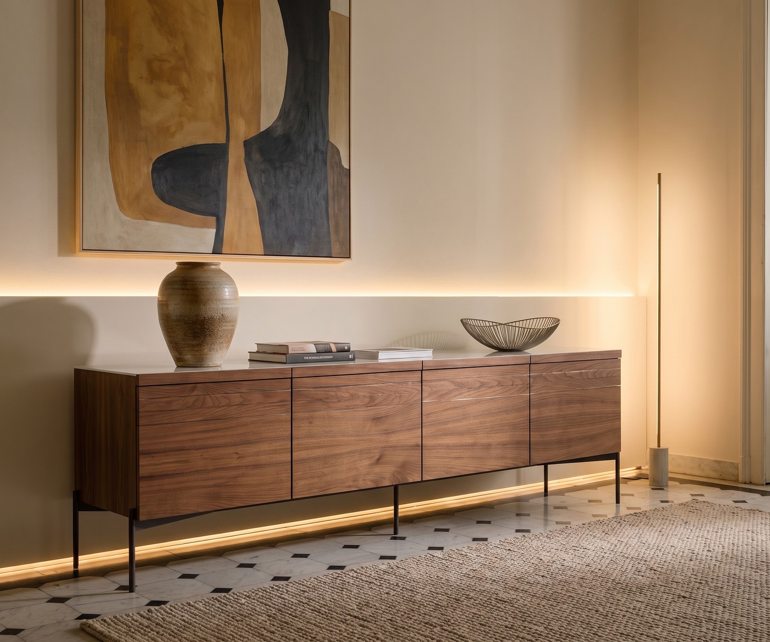 al2 o-rizon 003 living room sideboard in walnut wood, featuring four doors and slim legs in a modern interior.