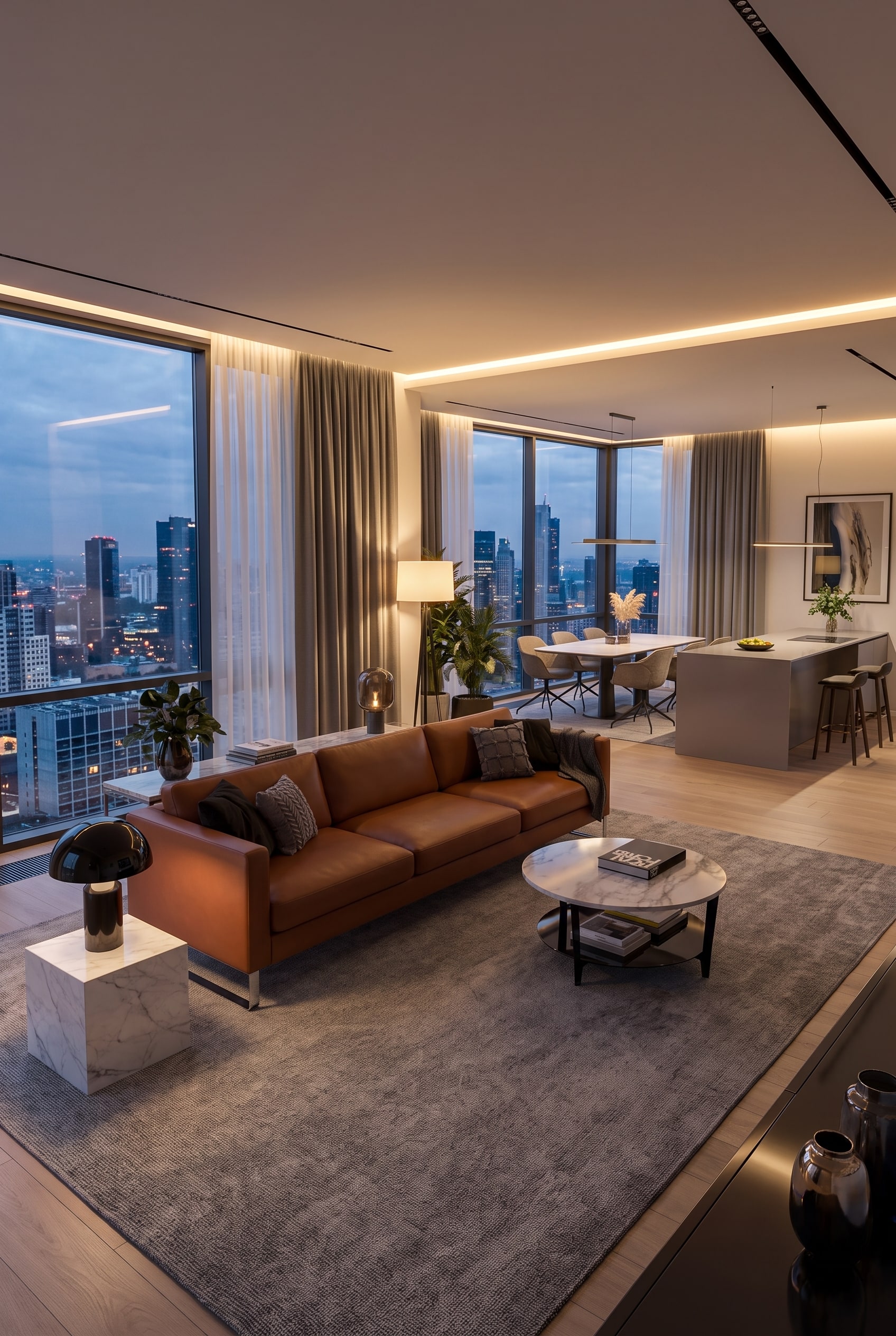 Woonkamer in Modern Italian Luxury stijl met vrijstaand leren bank in cognackleur