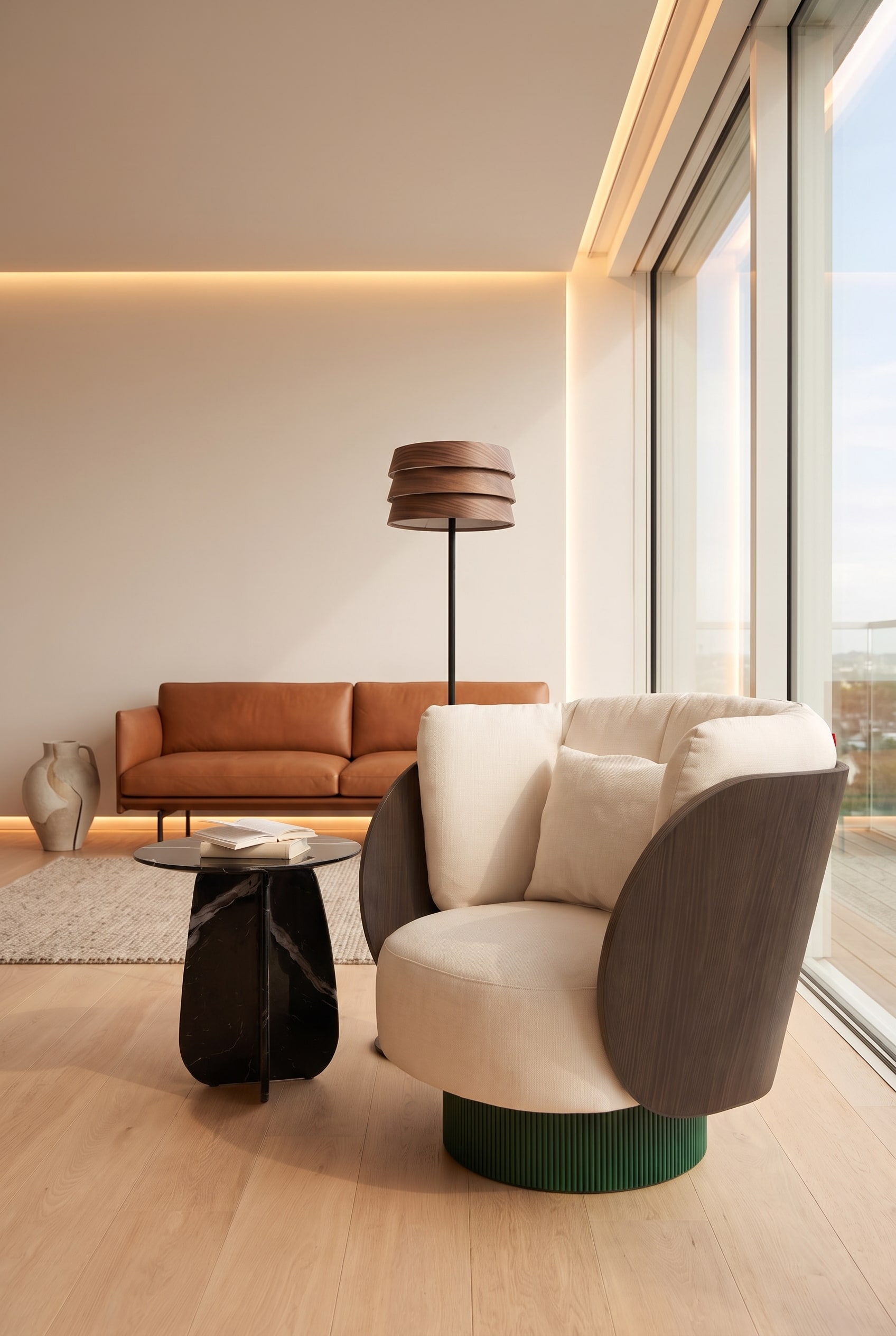 Elegant living room with a curved swivel armchair and a flat leather sofa in the background