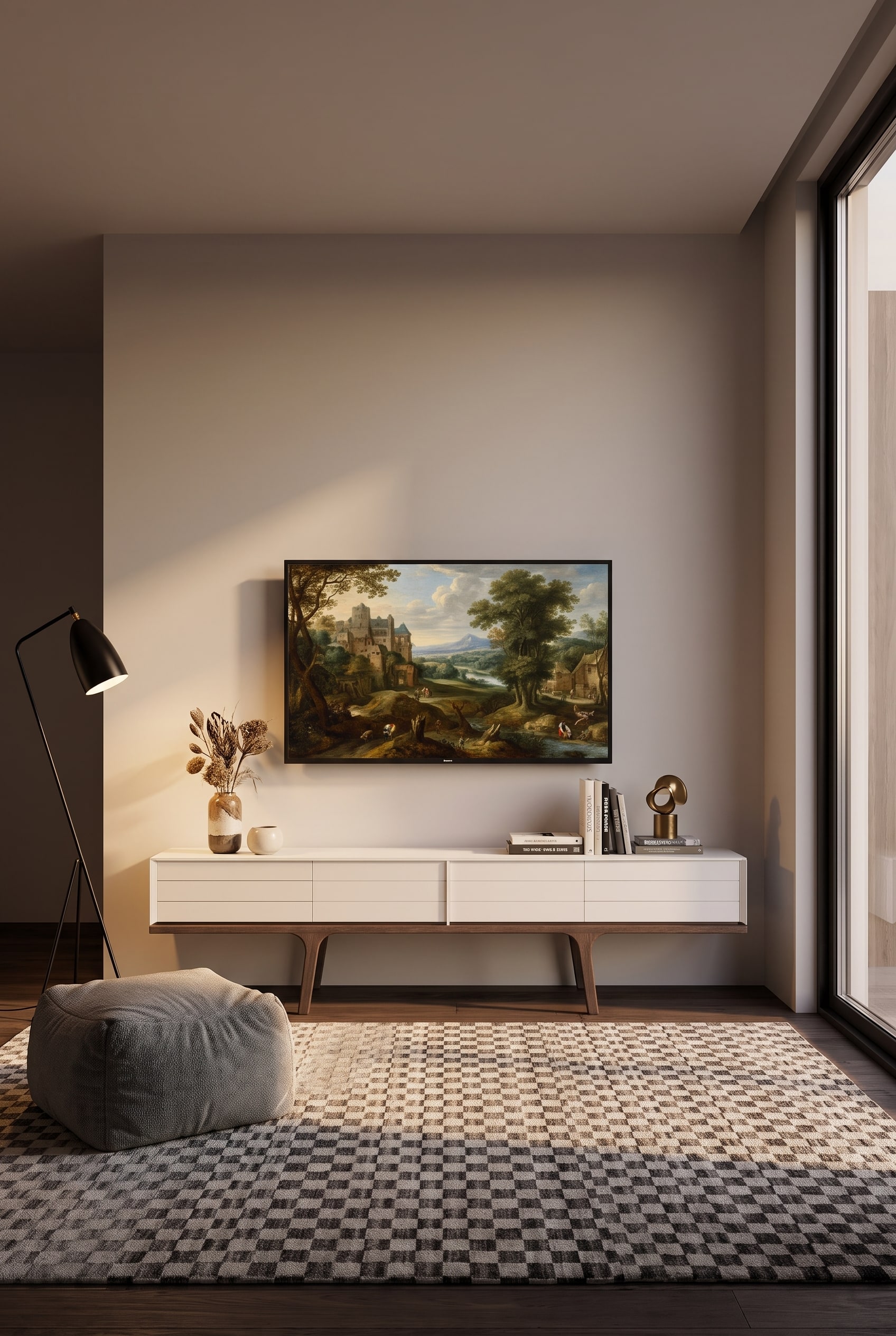 Wohnzimmer mit einem flachen Eichenholz-Sideboard, dar&uuml;ber ein Kunstbild mit exakt 20 cm Abstand zur M&ouml;belkante
