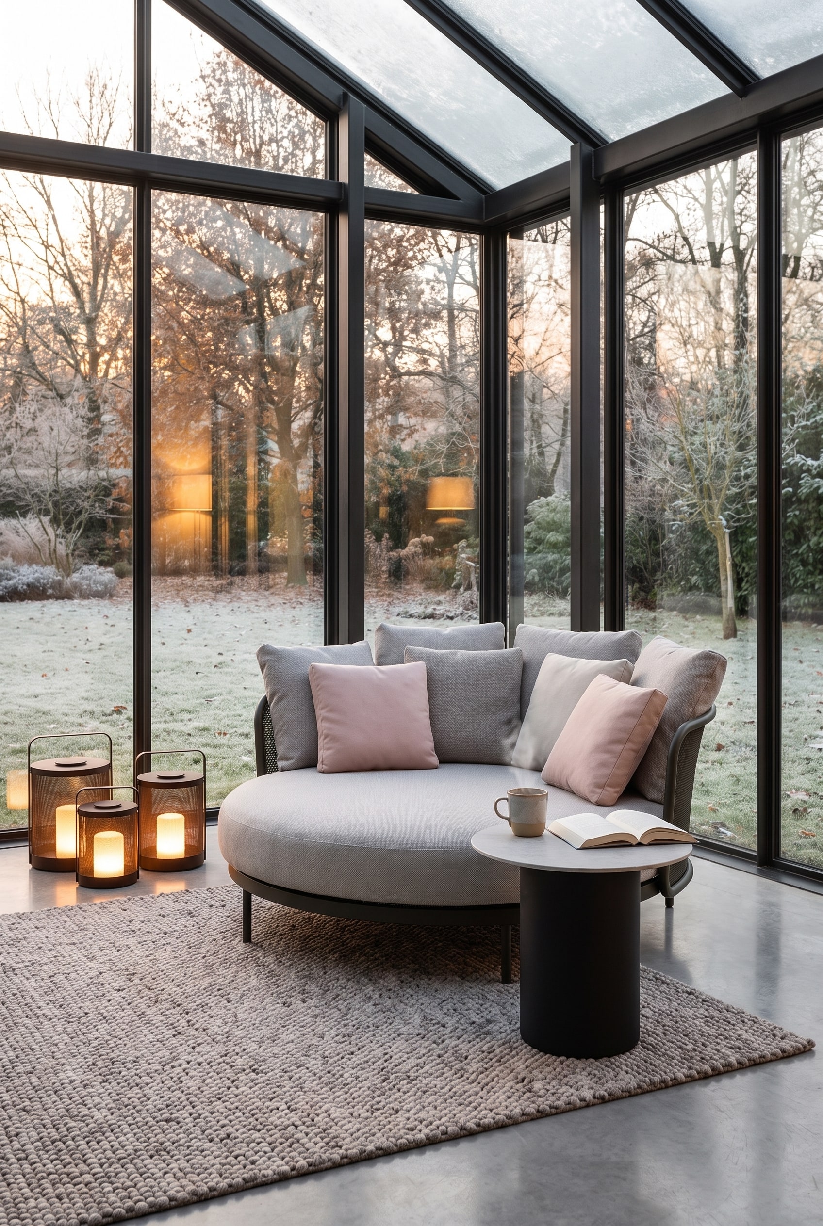 Rond, gezellig daybed met lichtgrijze bekleding en veel gestructureerde kussens in een hoek van de serre. Ernaast een kleine bijzettafel met theekopje.