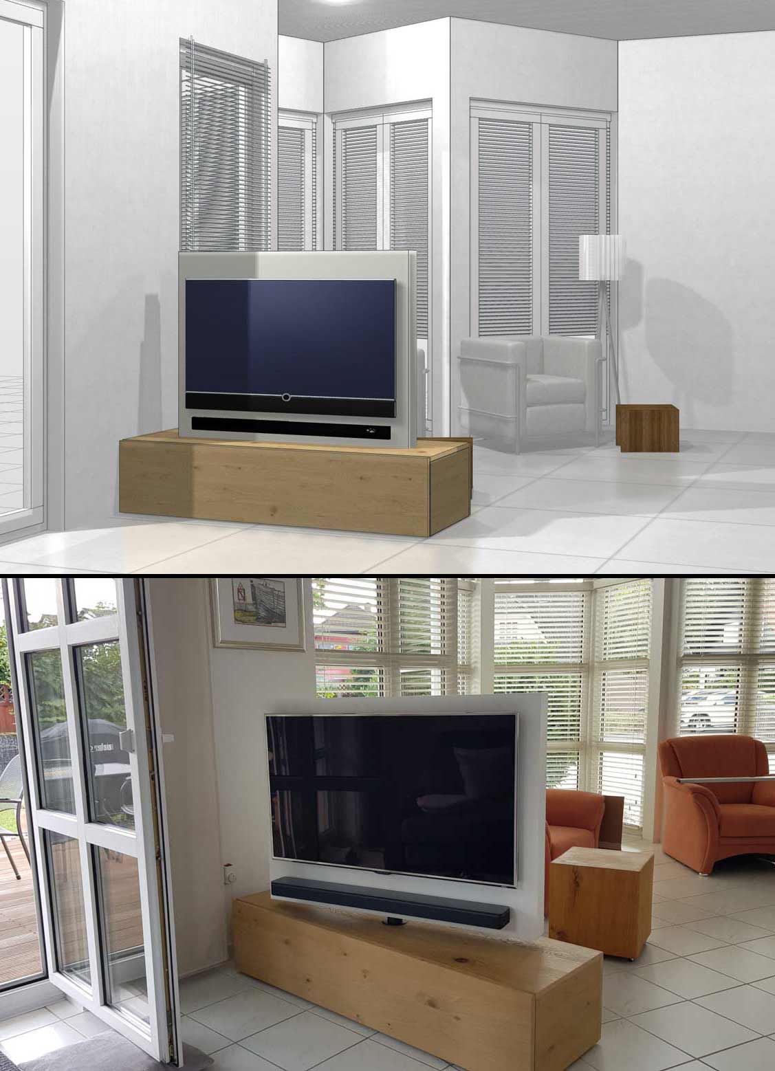 Raumteiler mit drehbarem Fernseher Raumteiler mit drehbarem Fernseher