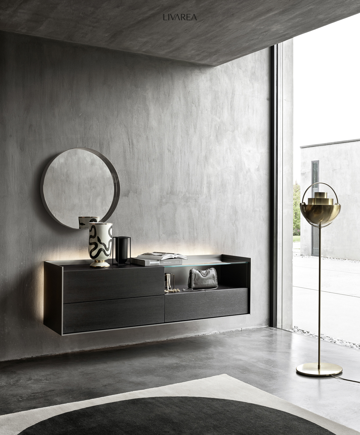Flur Schubladen Schrank Wand Front aus Eiche furniert Fach offen Flur Schubladen Schrank Wand Front aus Eiche furniert Fach offen