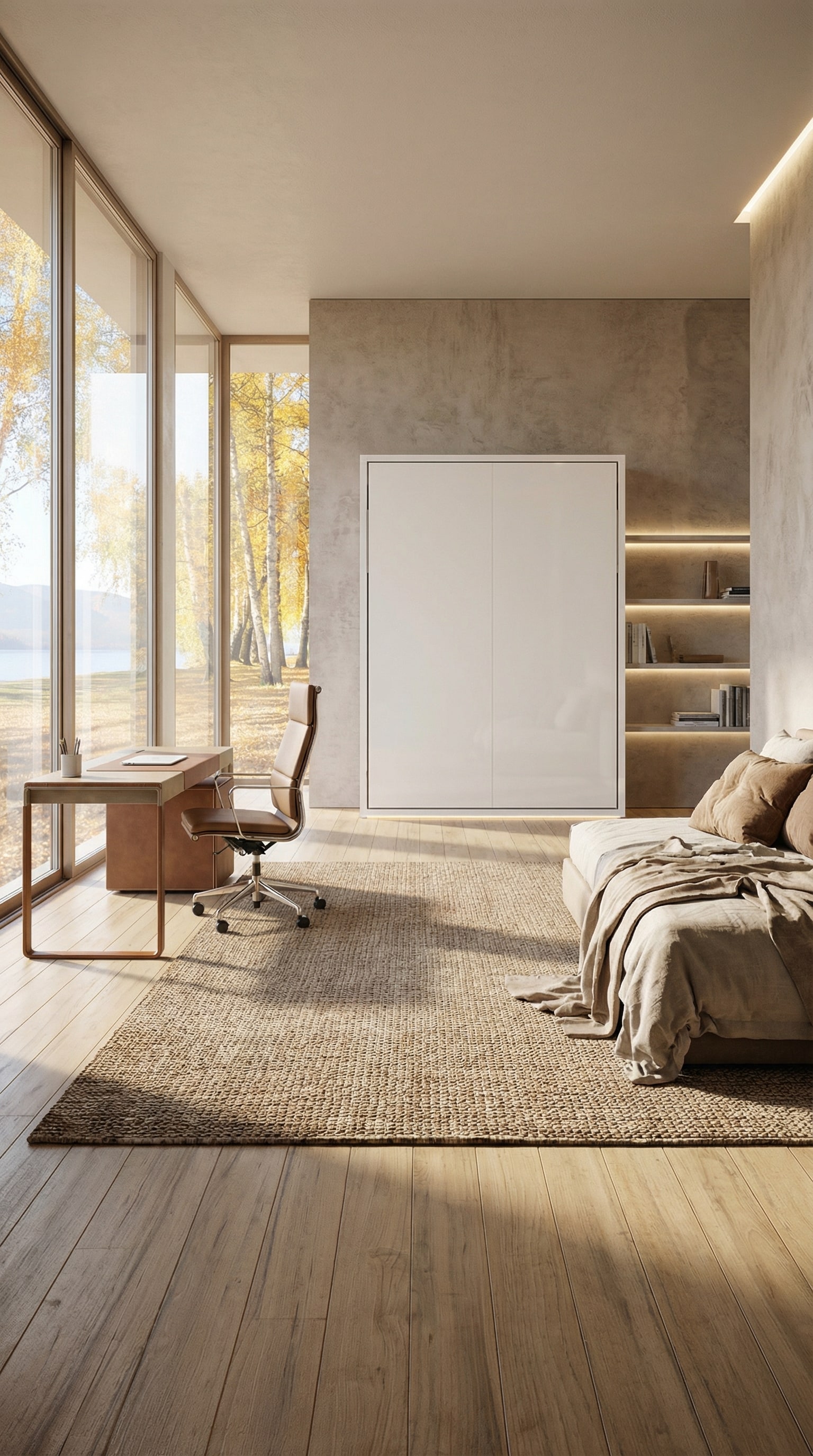 Modernes Arbeitszimmer, das sich durch ein elegantes Clei Penelope 2 Schrankbett in ein vollwertiges G&auml;stezimmer verwandelt.