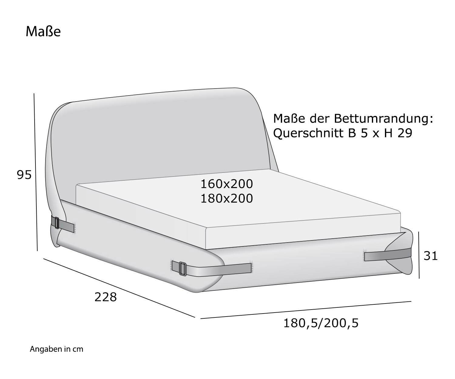 Designer Bett Tape von Novamobili Skizze Maße Größen Größenangaben