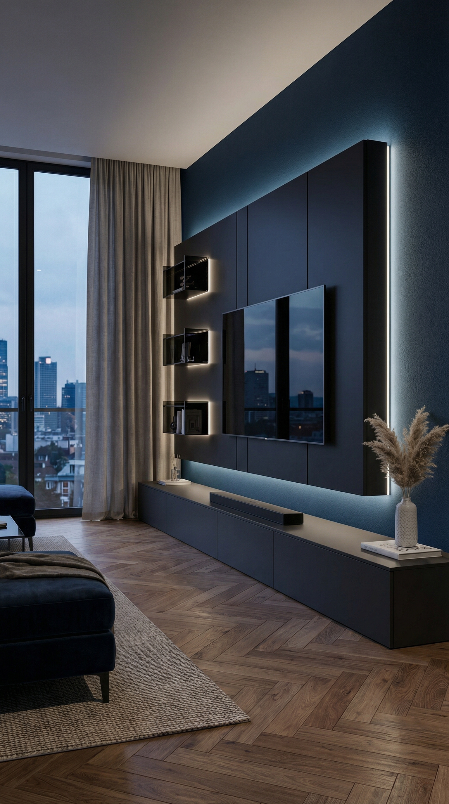 Dunkle Designer Wohnwand vor tiefblauer Wandfarbe Deep Ocean Dunkle Designer Wohnwand vor tiefblauer Wandfarbe Deep Ocean