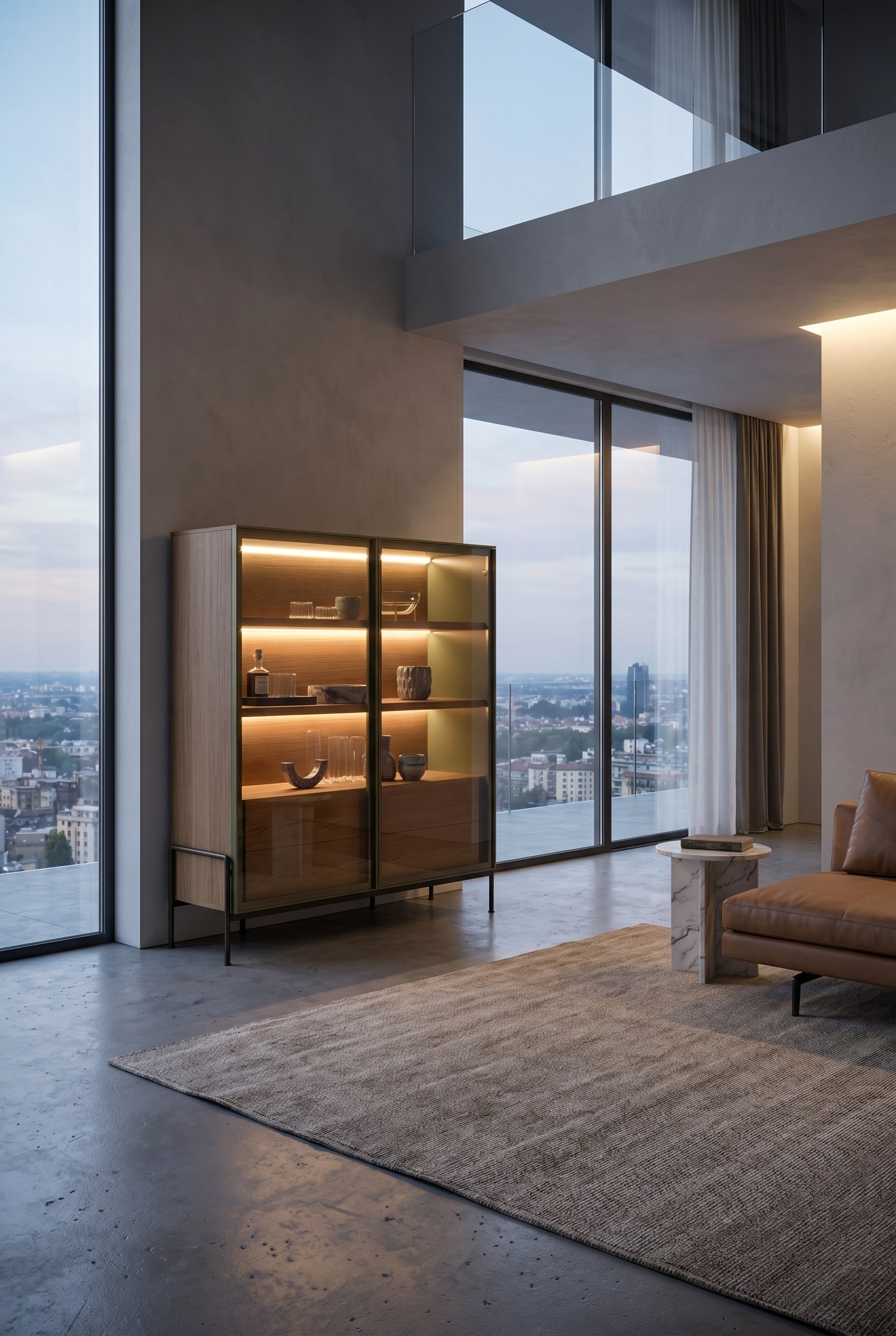 Soggiorno moderno con una credenza alta in legno di quercia con ante in vetro bronzato, in cui strisce luminose a LED orizzontali illuminano senza abbagliare una disposizione di vasi in ceramica