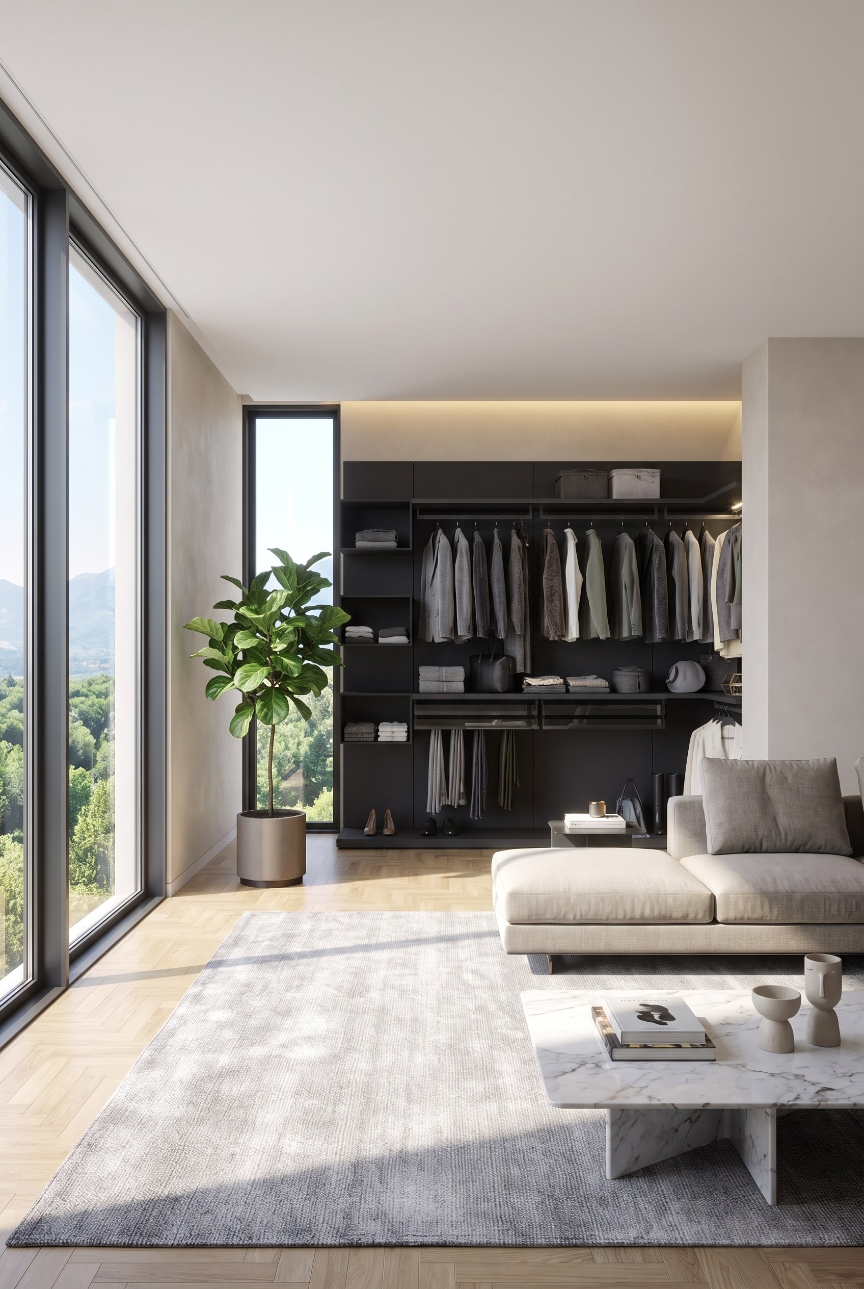 Cabina armadio con sistema a binario a parete, moduli in alluminio e legno, sopra aste appendiabiti regolabili ed elementi a cassetto