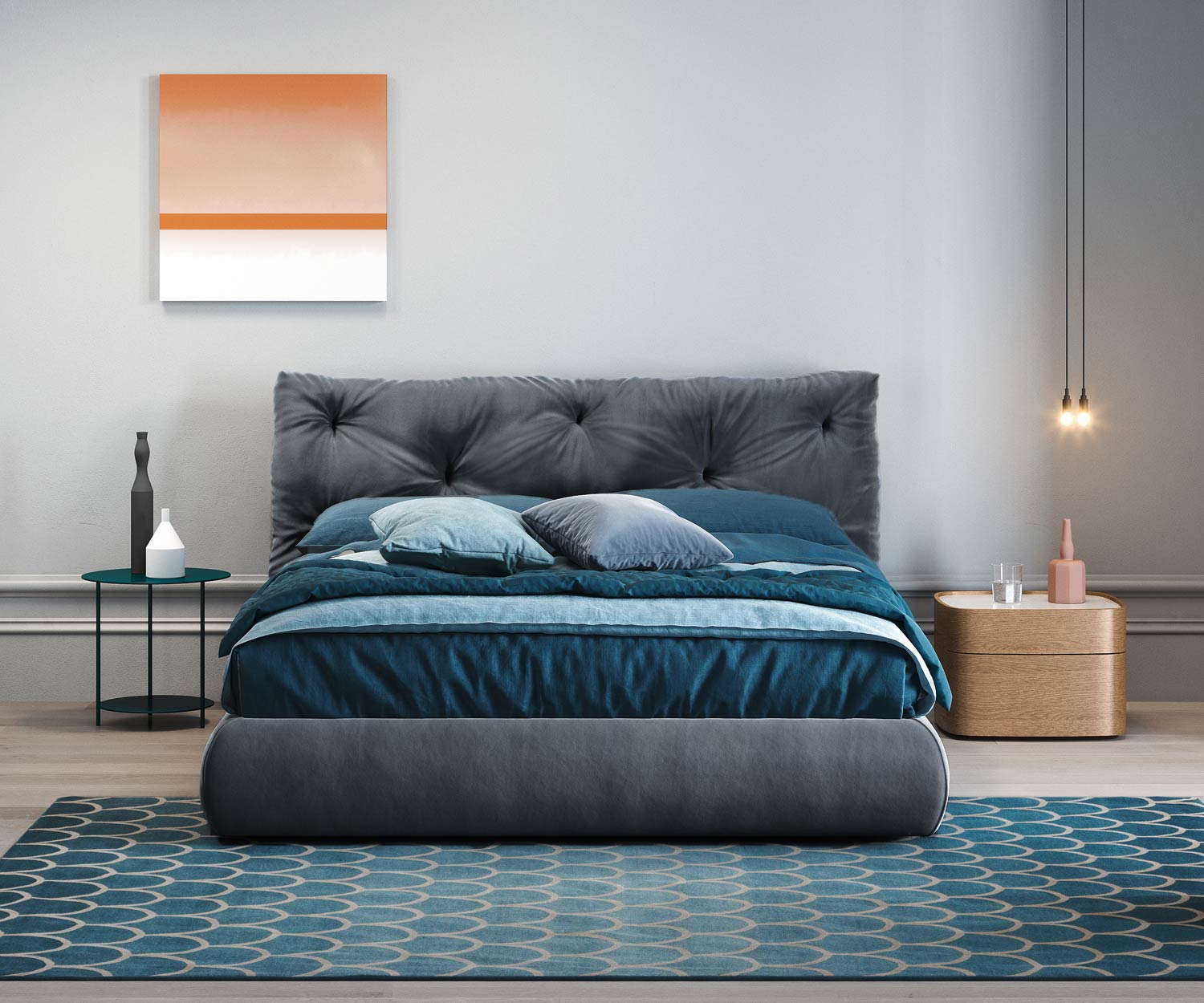 Novamobili Design upholstered bed Modo in a room with an emotional atmosphere