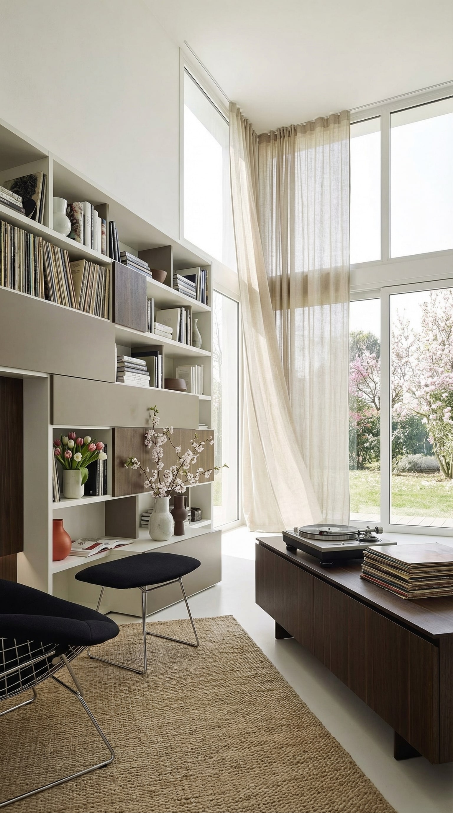 Modern bookshelf with vinyl records and spring decoration in a bright living room Modern bookshelf with vinyl records and spring decoration in a bright living room