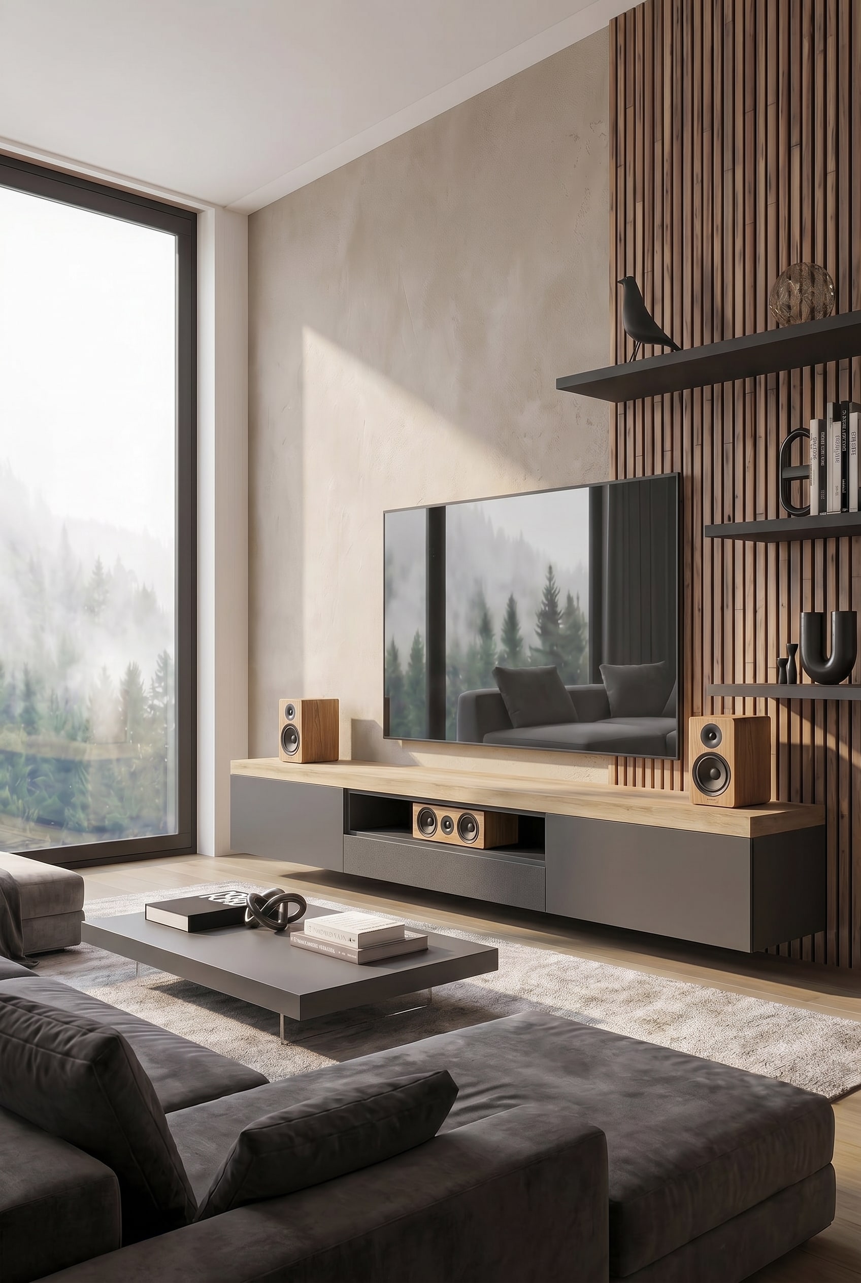 Soggiorno moderno con lowboard grigio scuro a terra, venatura del legno visibile come accento e soundbar integrata in modo invisibile dietro un frontale in tessuto