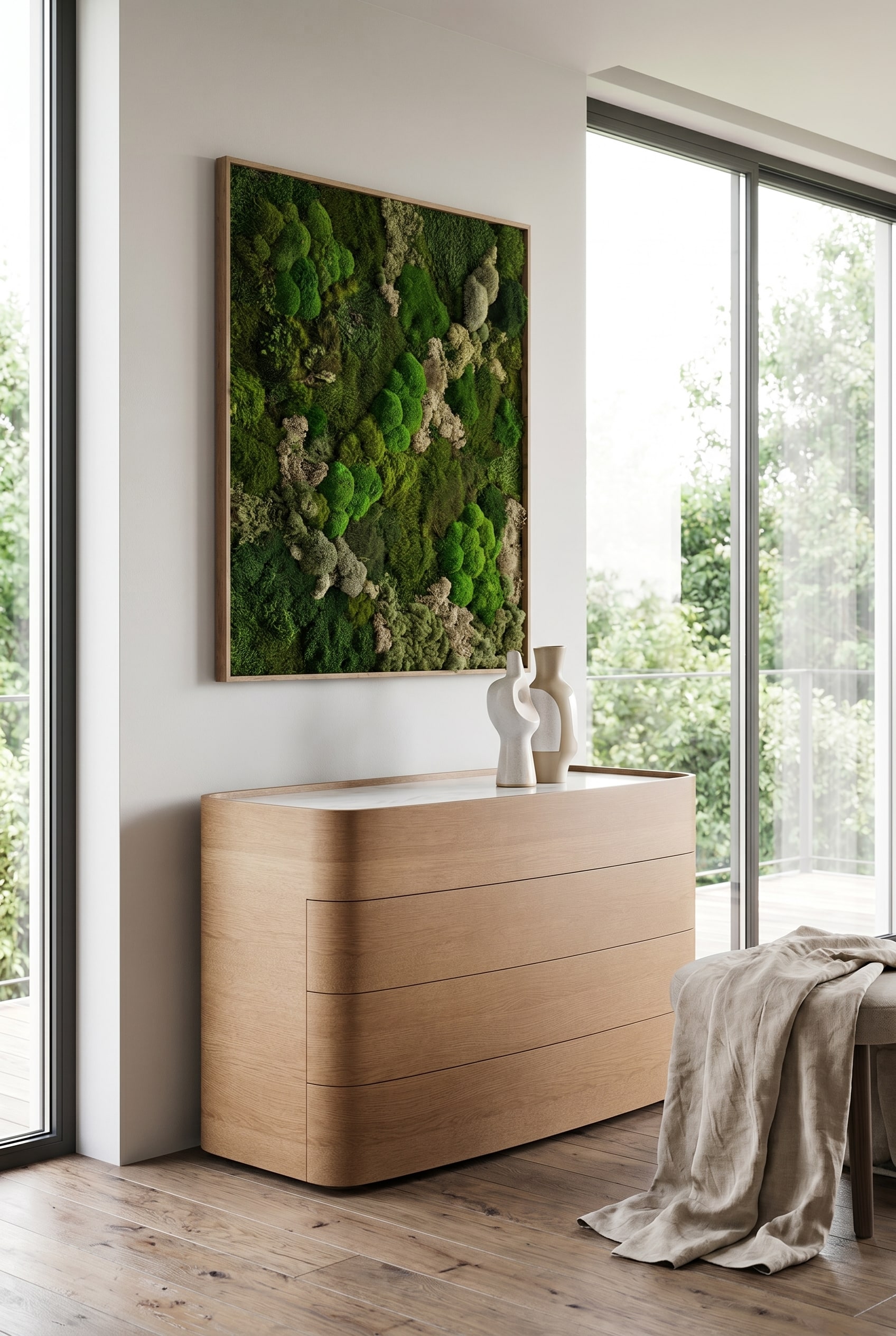 Camera da letto luminosa con cassettiera in legno marrone chiaro con lati arrotondati, sopra un quadro di muschio e una scultura