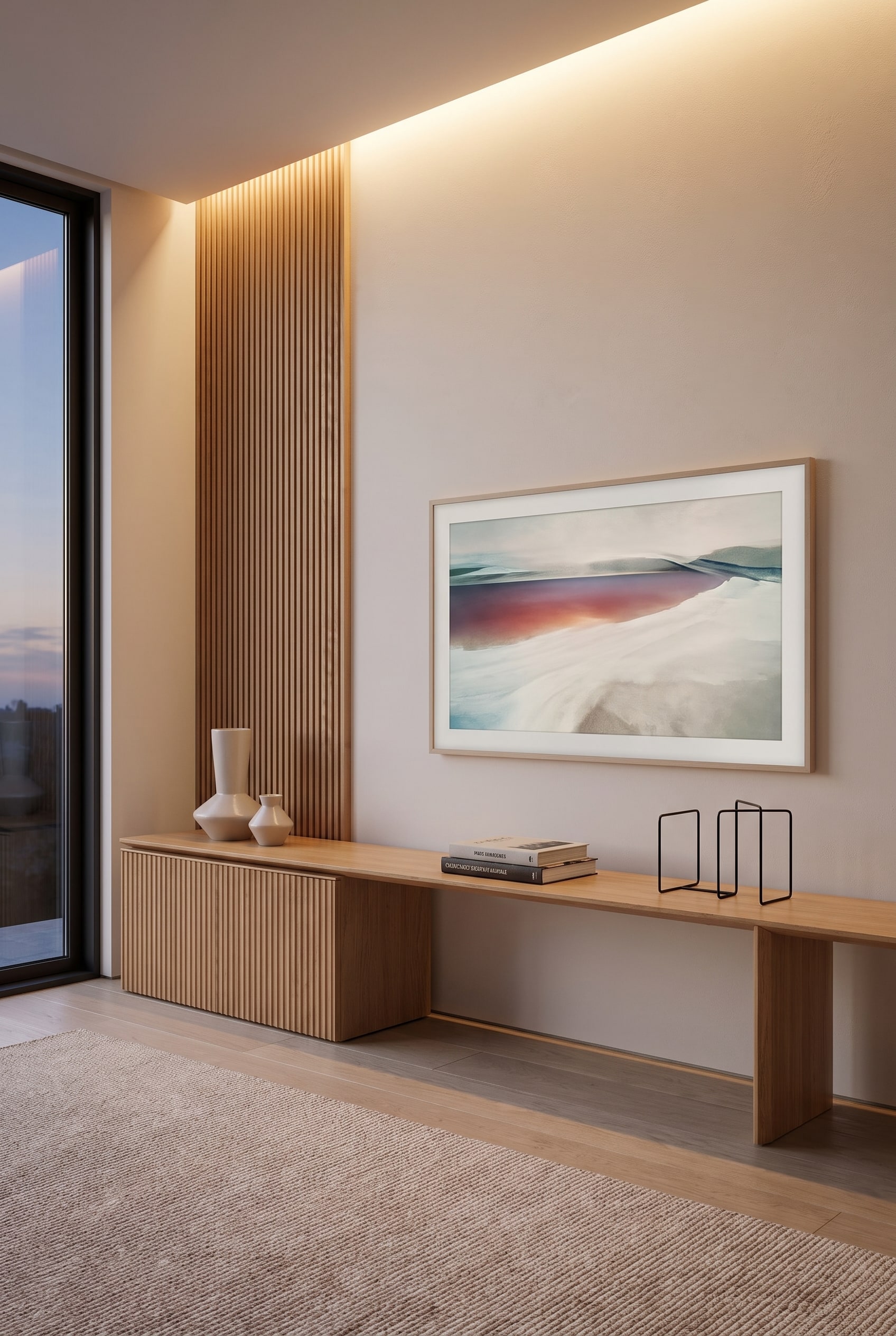 Ein minimalistisches Design Sideboard ohne Griffe in einem modernen Wohnzimmer, dar&uuml;ber h&auml;ngt ein gro&szlig;er Frame-Fernseher, der ein klassisches Kunstwerk zeigt.
