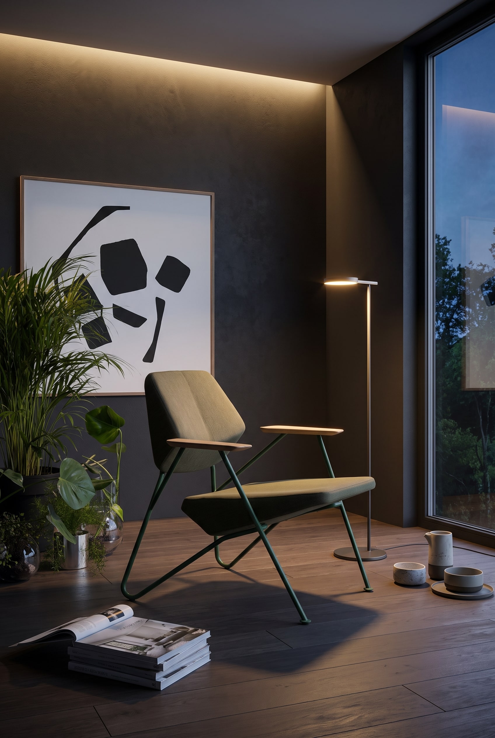 Wohnzimmer mit anthrazitfarbener Wand, bodentiefen Fenstern und einem kantigen Sessel mit Metallrahmen und grünem Bezug
