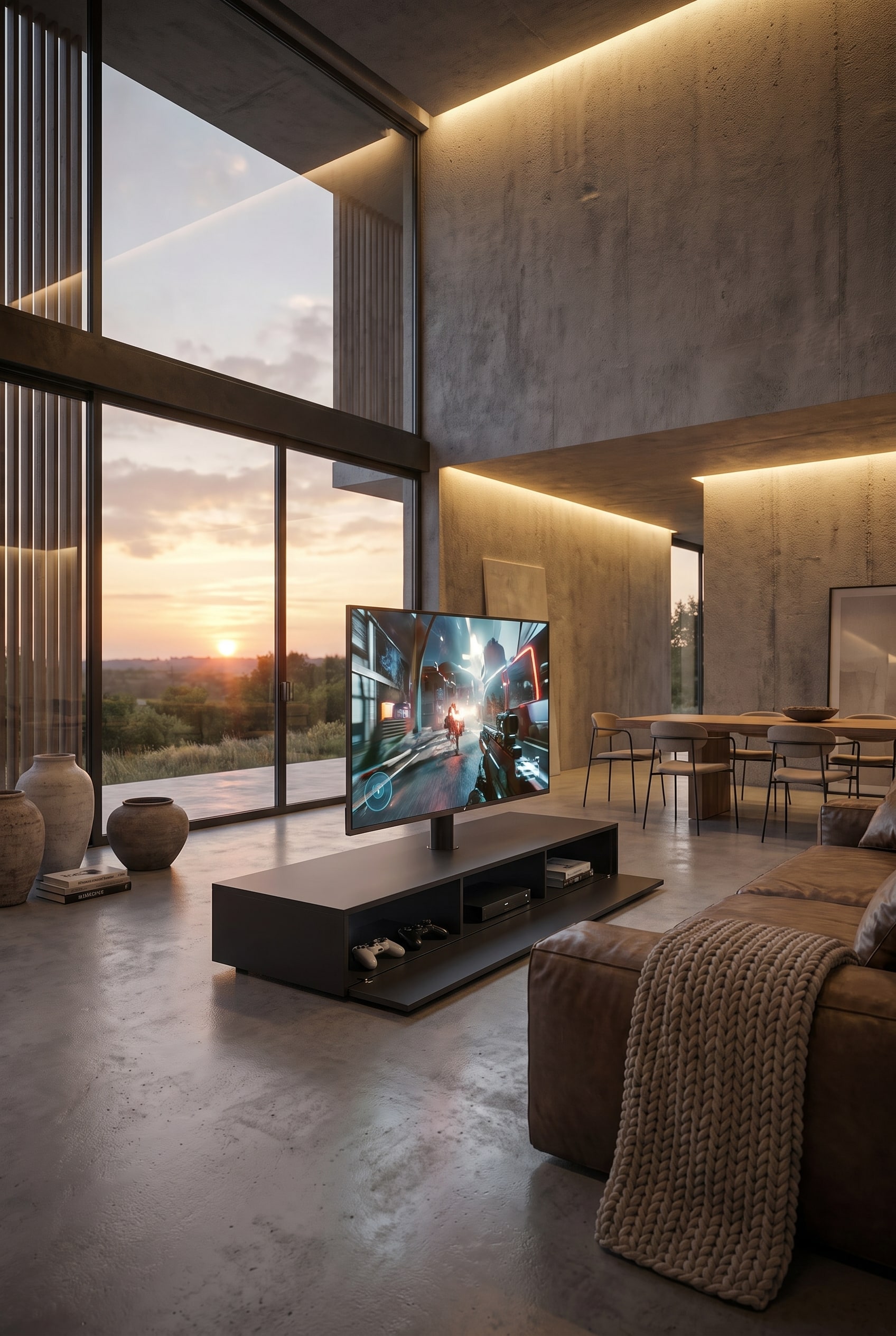 Freestanding room divider with a swivel tube for the television in an open living room.