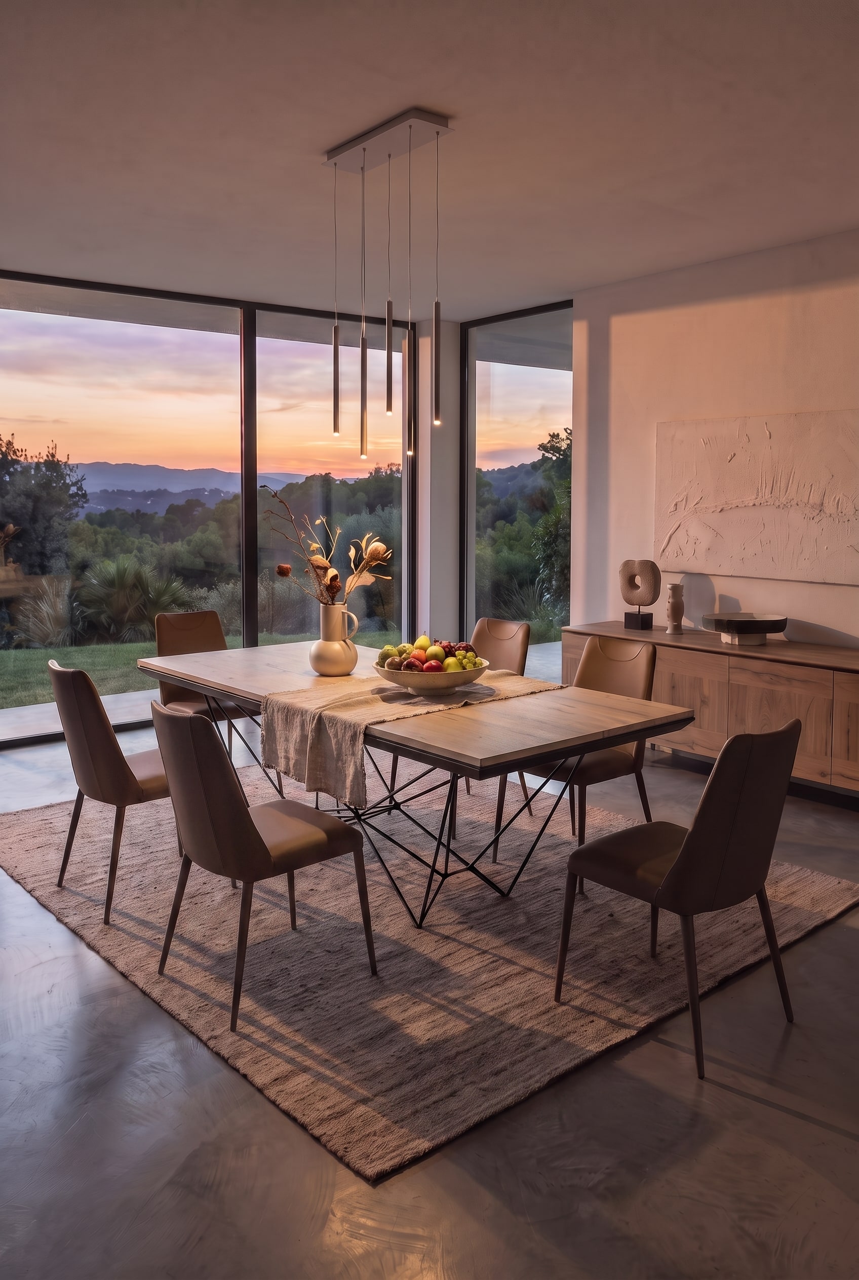 Geschlossener Ozzio Fil8 Esstisch aus Holz mit sechs braunen Lederst&uuml;hlen vor einem Fenster mit Sonnenuntergang.